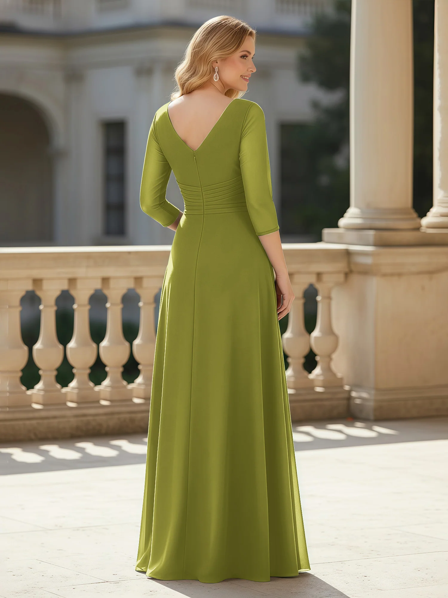 3/4 Sleeves Pleated V-neck Chiffon Floor-length Dress Clover - Image 2