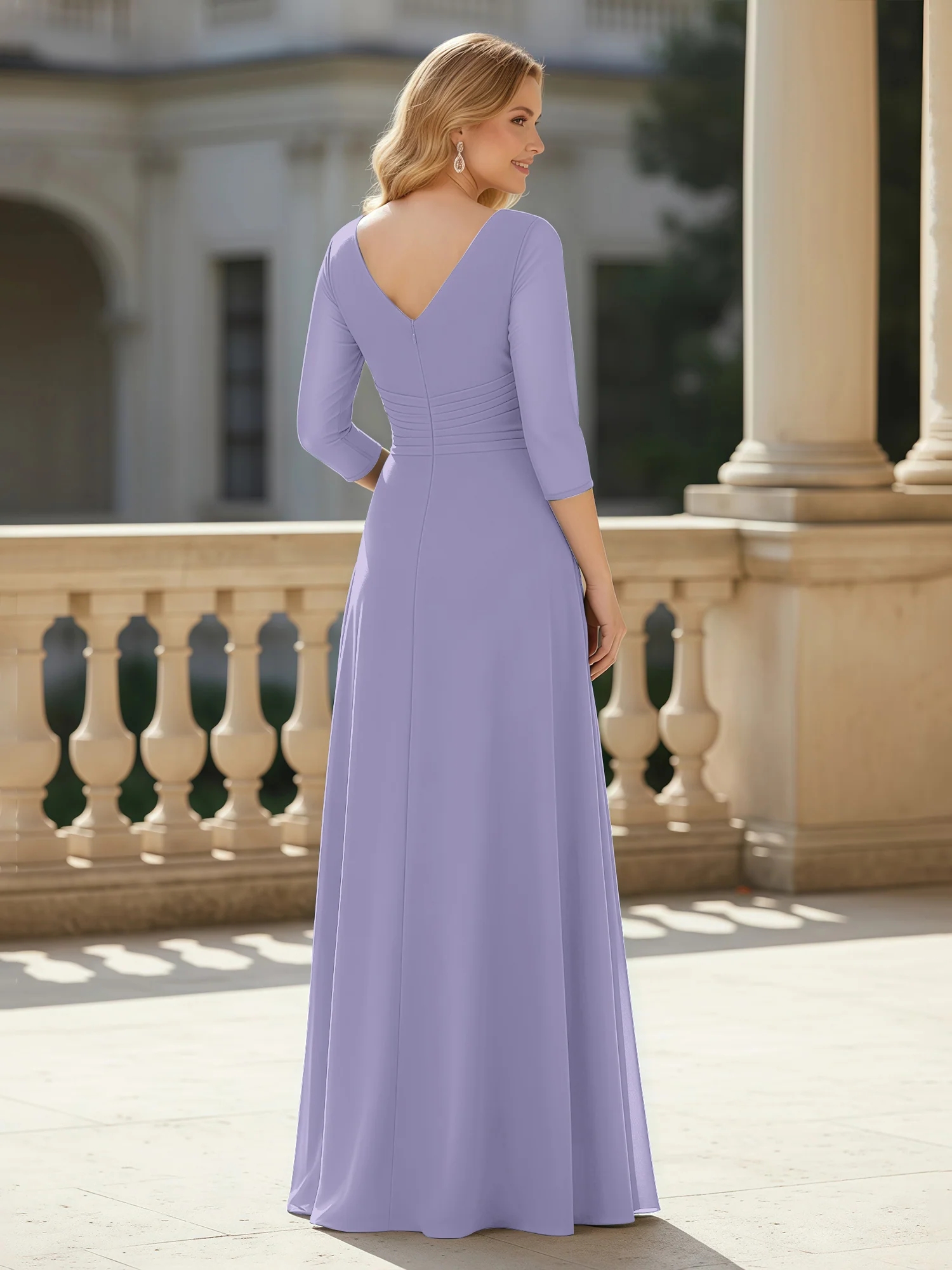 3/4 Sleeves Pleated V-neck Chiffon Floor-length Dress Lavender - Image 2