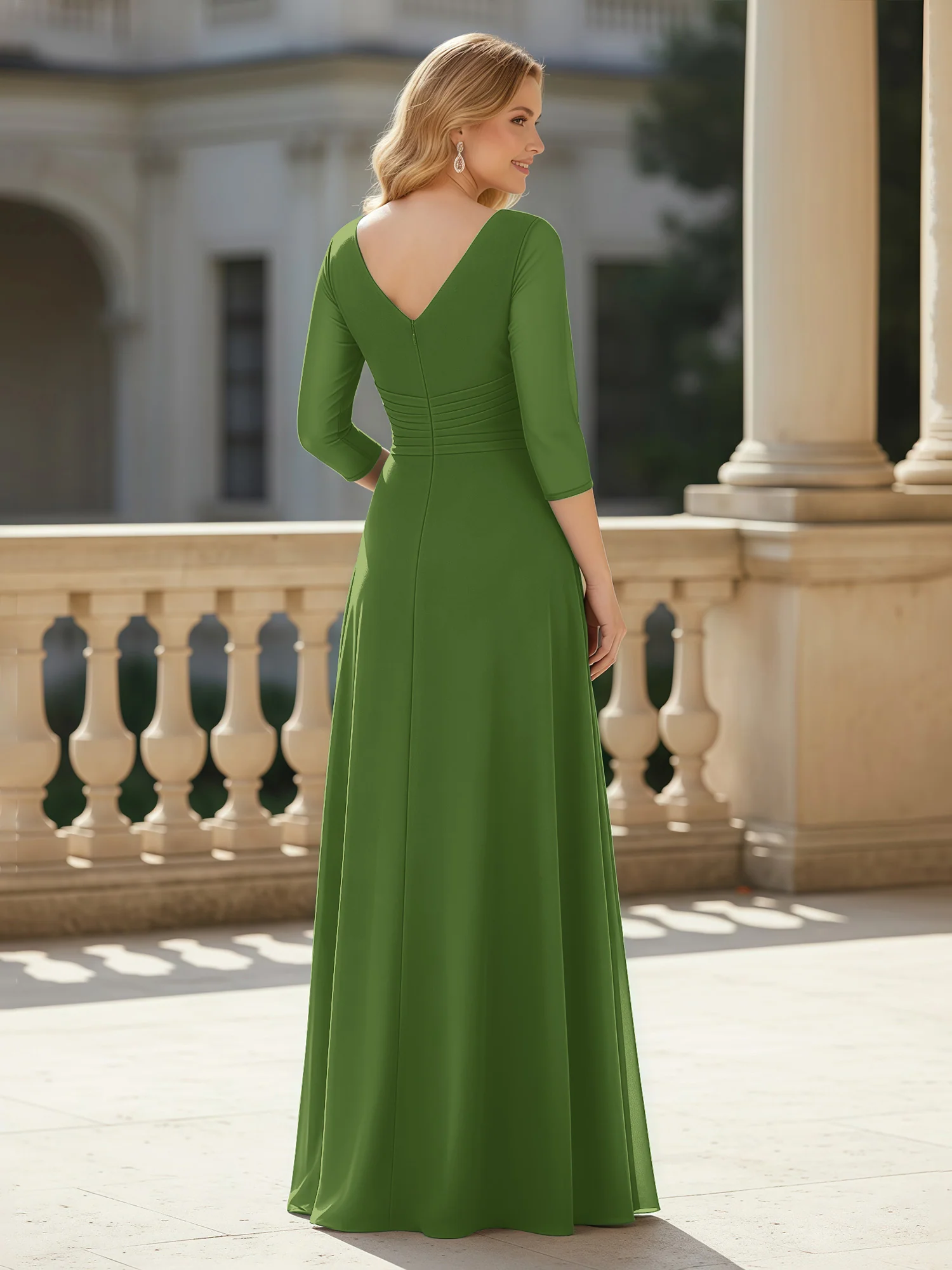 3/4 Sleeves Pleated V-neck Chiffon Floor-length Dress Moss - Image 2