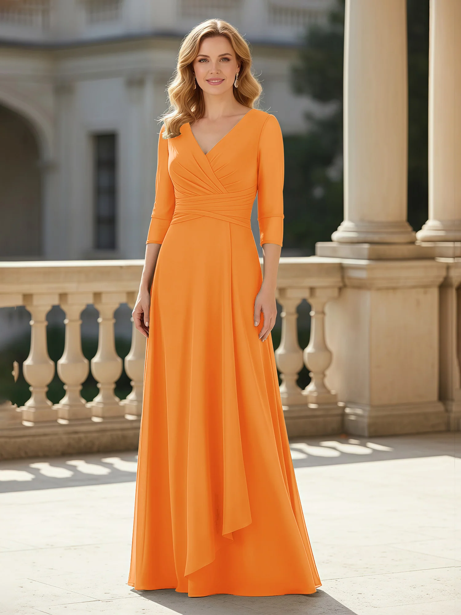 3/4 Sleeves Pleated V-neck Chiffon Floor-length Dress Orange