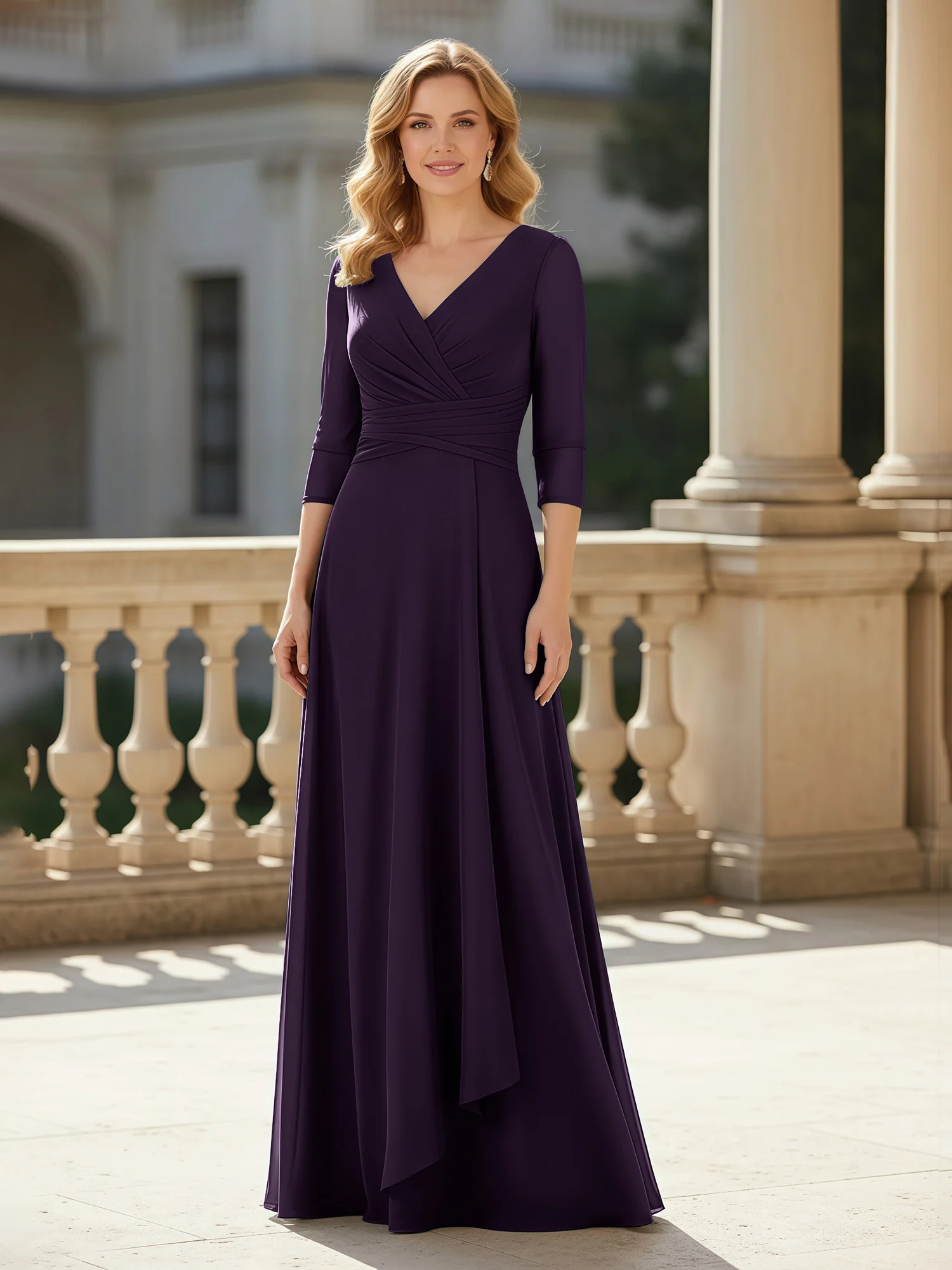 3/4 Sleeves Pleated V-neck Chiffon Floor-length Dress Plum