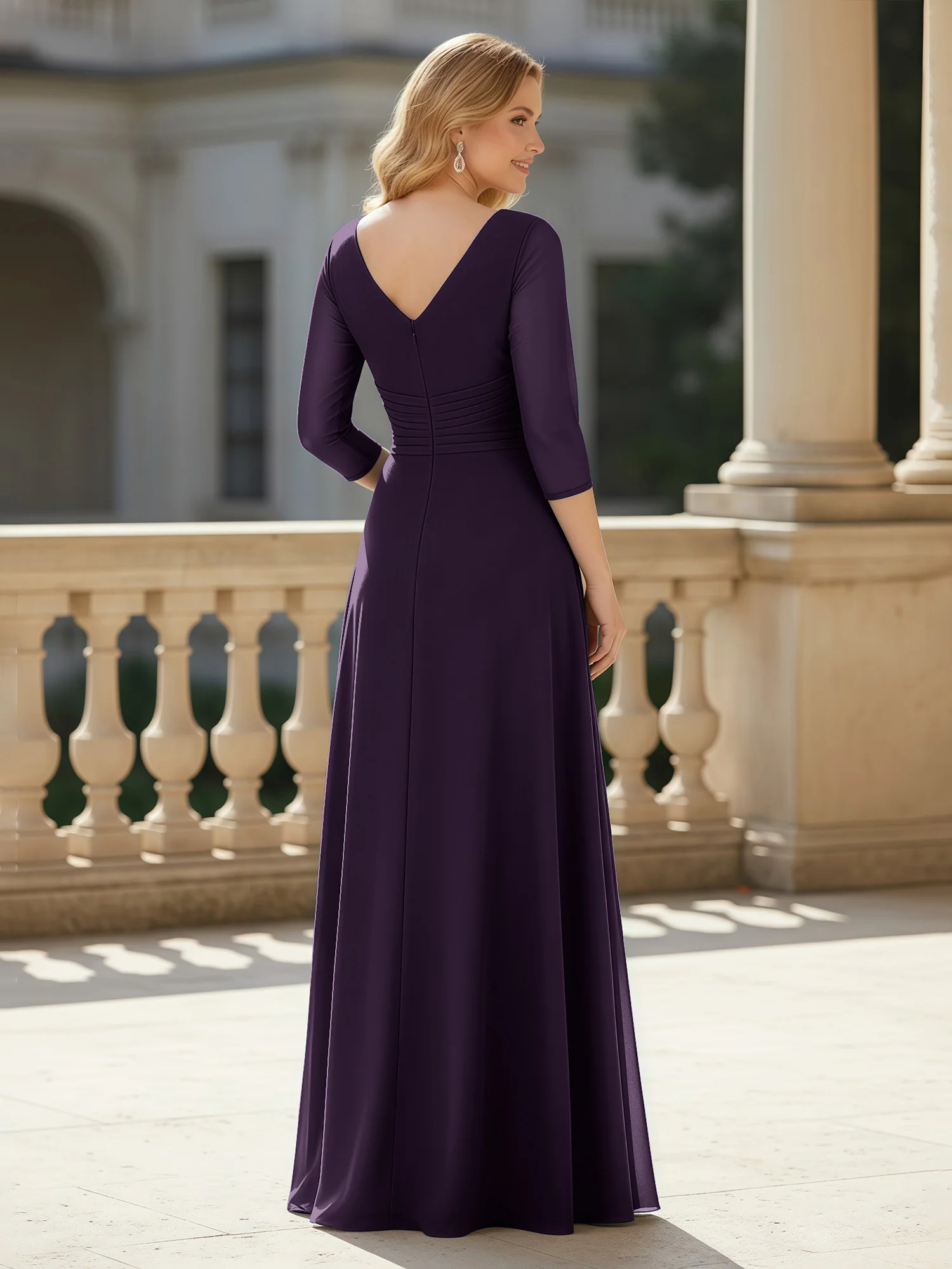 3/4 Sleeves Pleated V-neck Chiffon Floor-length Dress Plum - Image 2