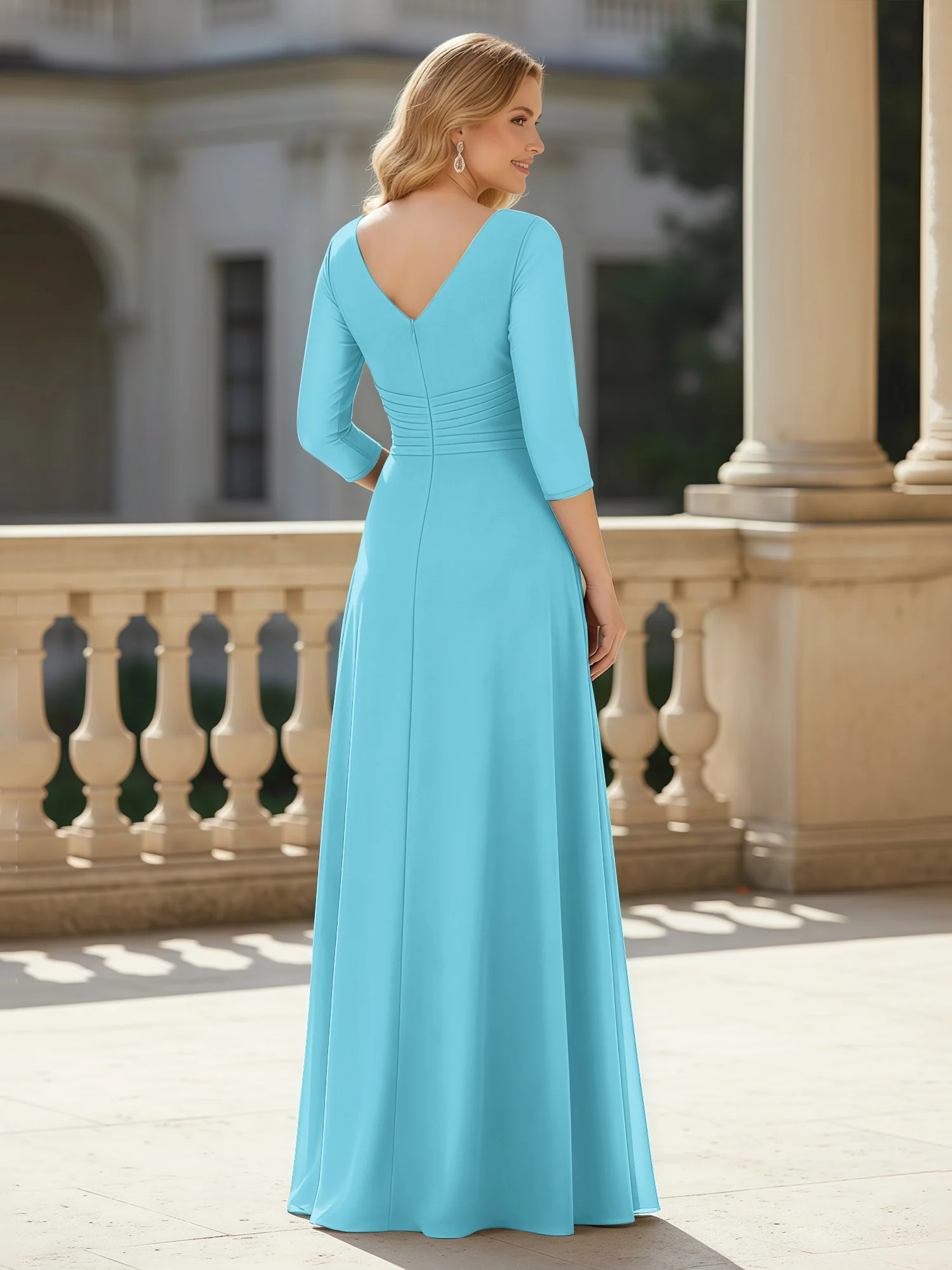 3/4 Sleeves Pleated V-neck Chiffon Floor-length Dress Pool - Image 2