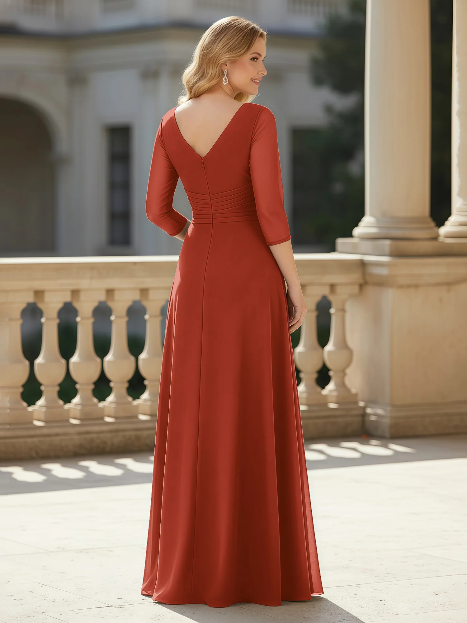 3/4 Sleeves Pleated V-neck Chiffon Floor-length Dress Rust - Image 2