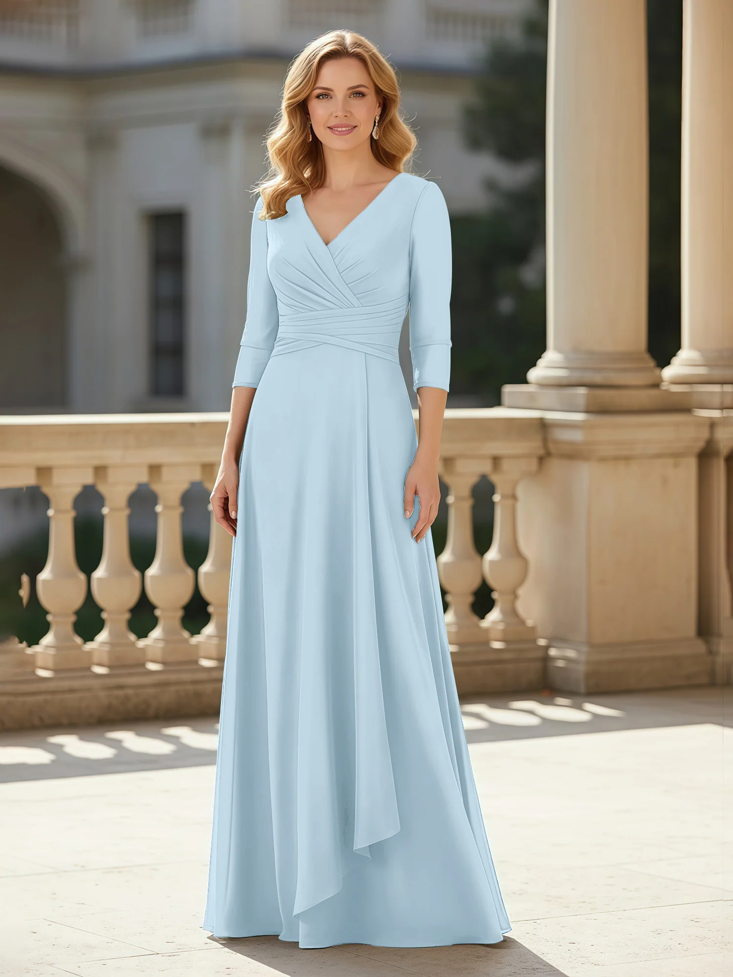 3/4 Sleeves Pleated V-neck Chiffon Floor-length Dress Sky Blue
