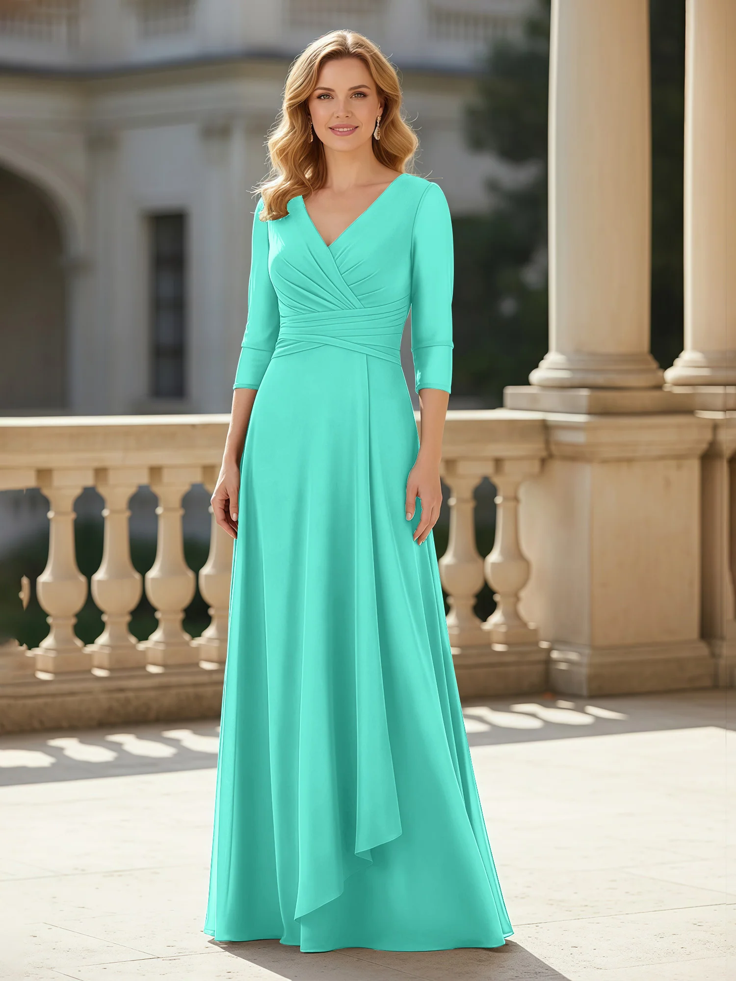 3/4 Sleeves Pleated V-neck Chiffon Floor-length Dress Spa