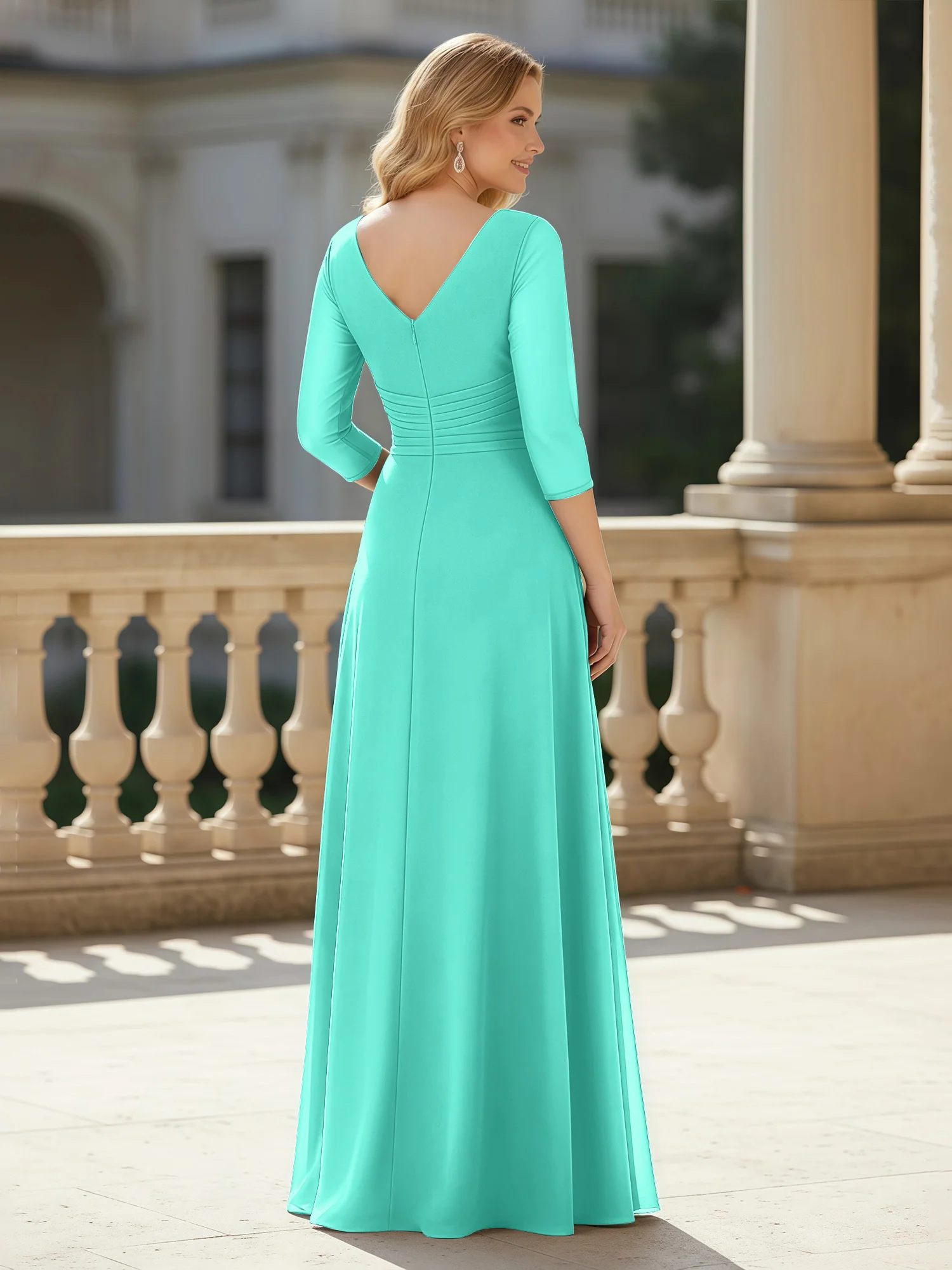 3/4 Sleeves Pleated V-neck Chiffon Floor-length Dress Spa - Image 2