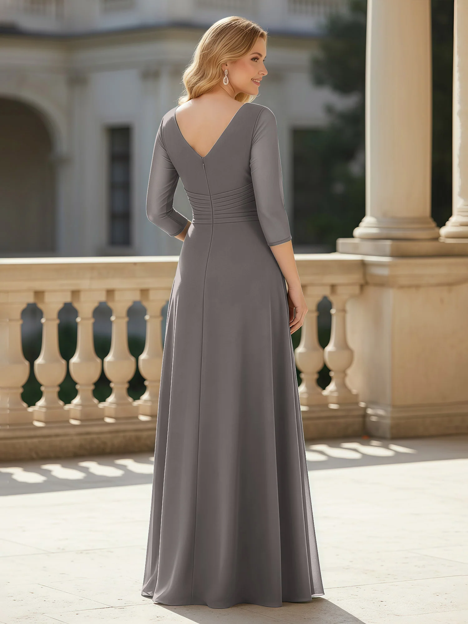 3/4 Sleeves Pleated V-neck Chiffon Floor-length Dress Steel Grey - Image 2