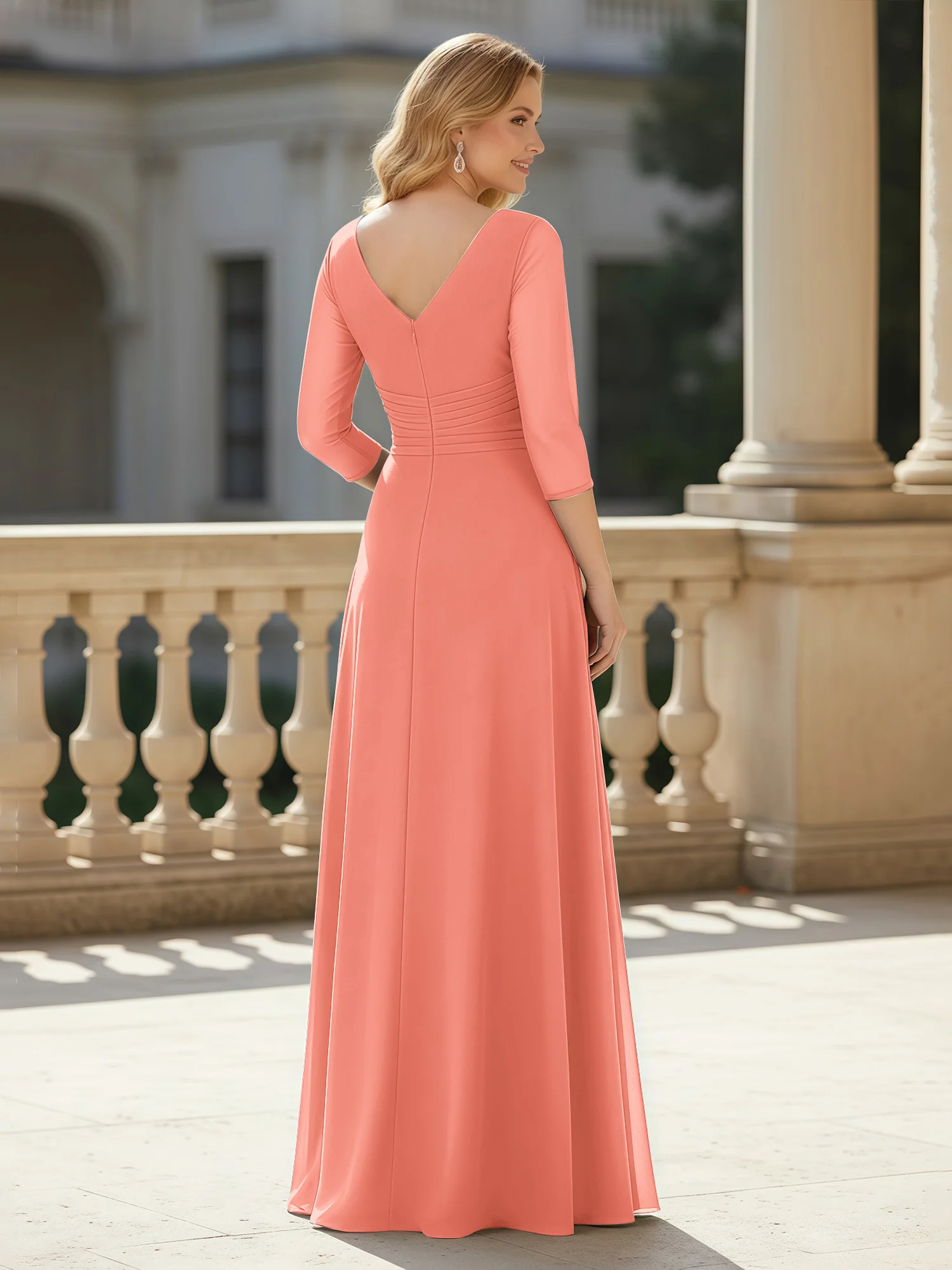 3/4 Sleeves Pleated V-neck Chiffon Floor-length Dress Sunset - Image 2