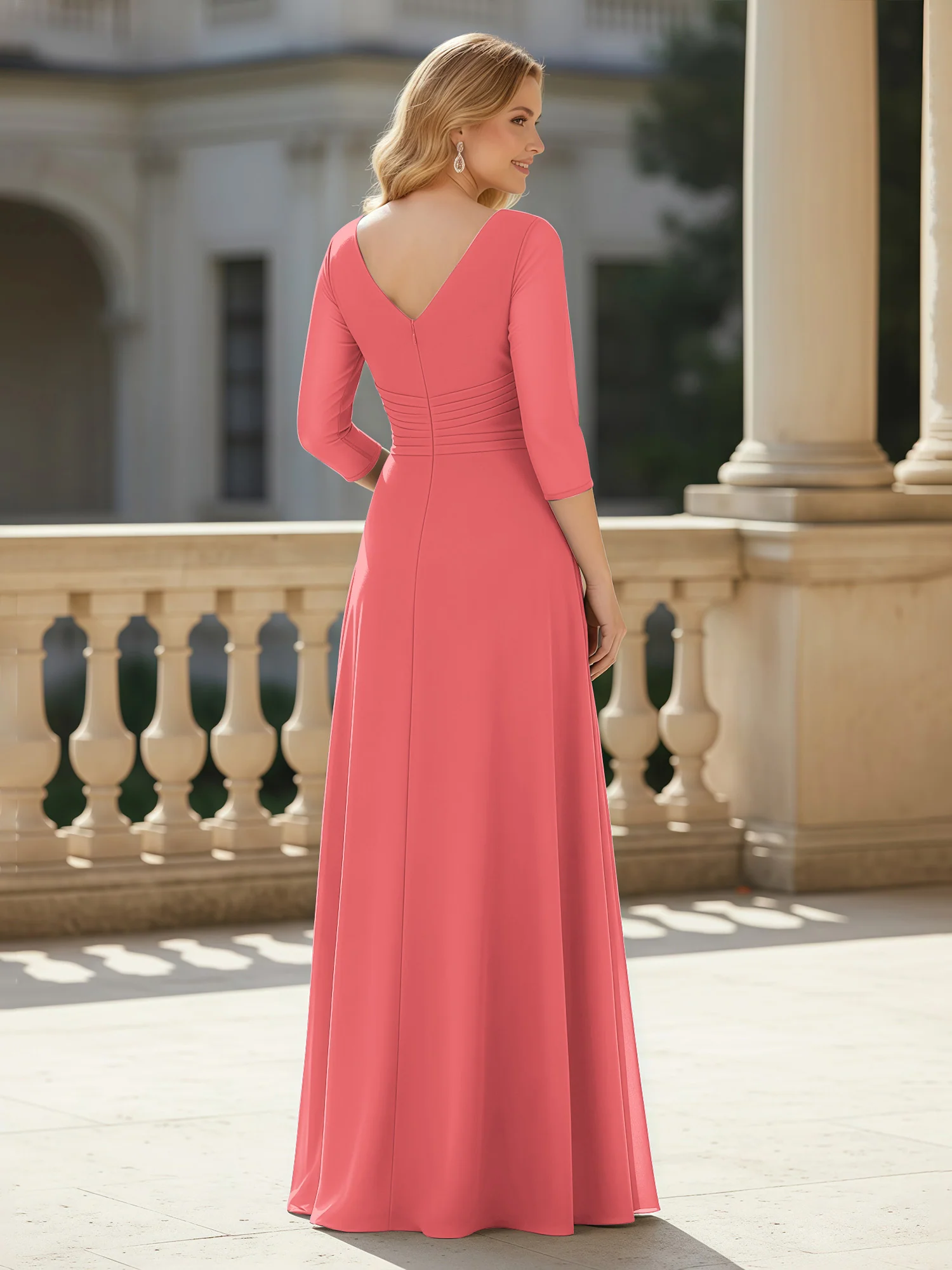 3/4 Sleeves Pleated V-neck Chiffon Floor-length Dress Watermelon - Image 2
