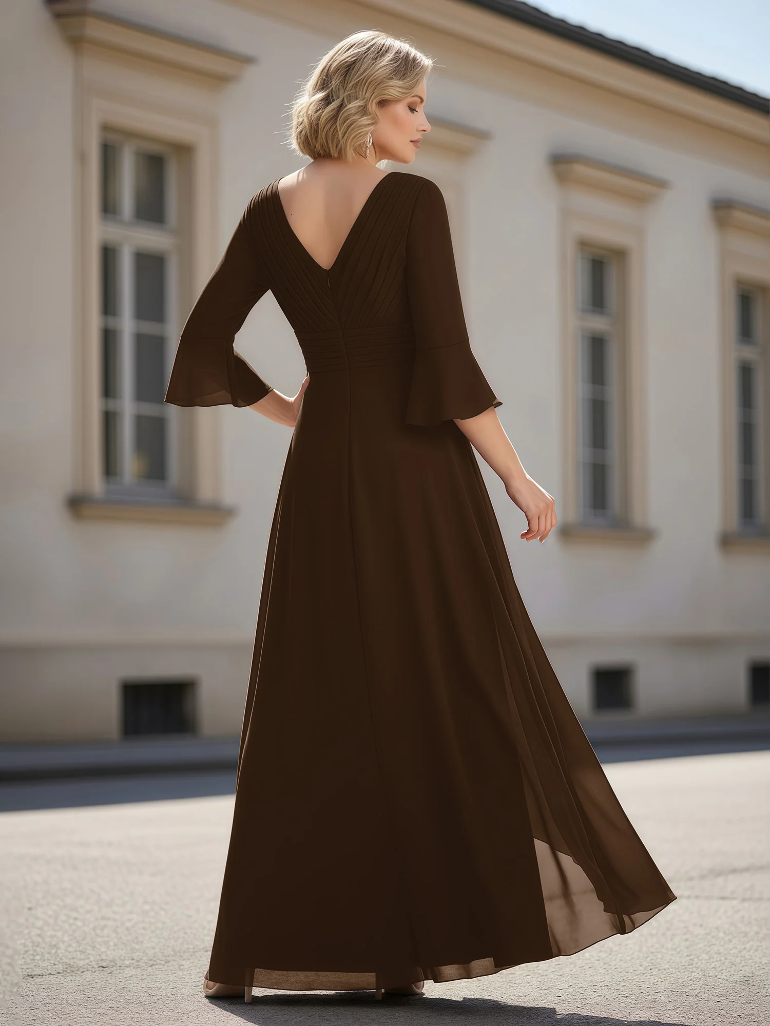 3/4 Sleeves Pleated V-neck Ruffles A-Line Dress Brown - Image 2