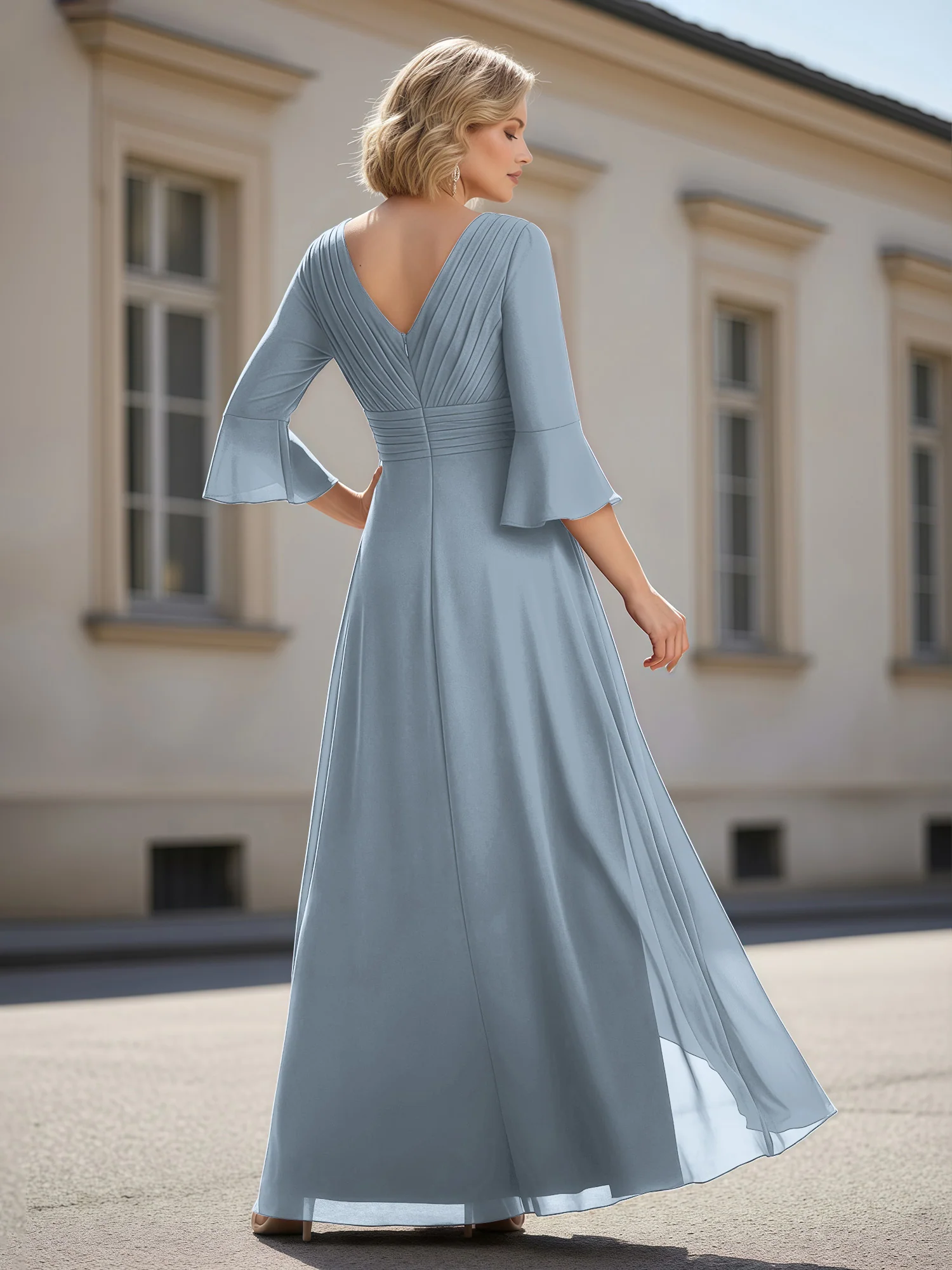 3/4 Sleeves Pleated V-neck Ruffles A-Line Dress Dusty Blue - Image 2