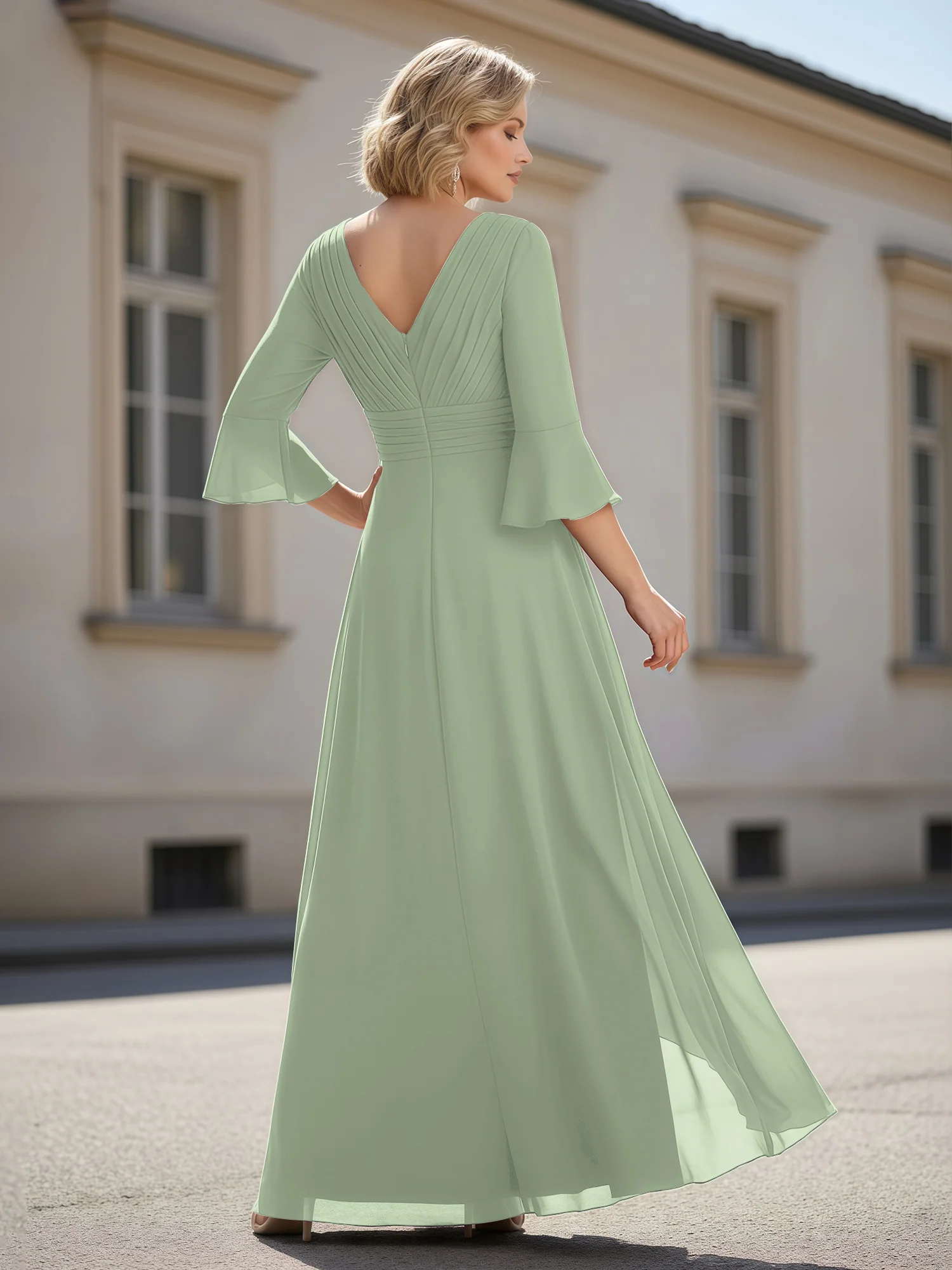 3/4 Sleeves Pleated V-neck Ruffles A-Line Dress Dusty Sage - Image 2