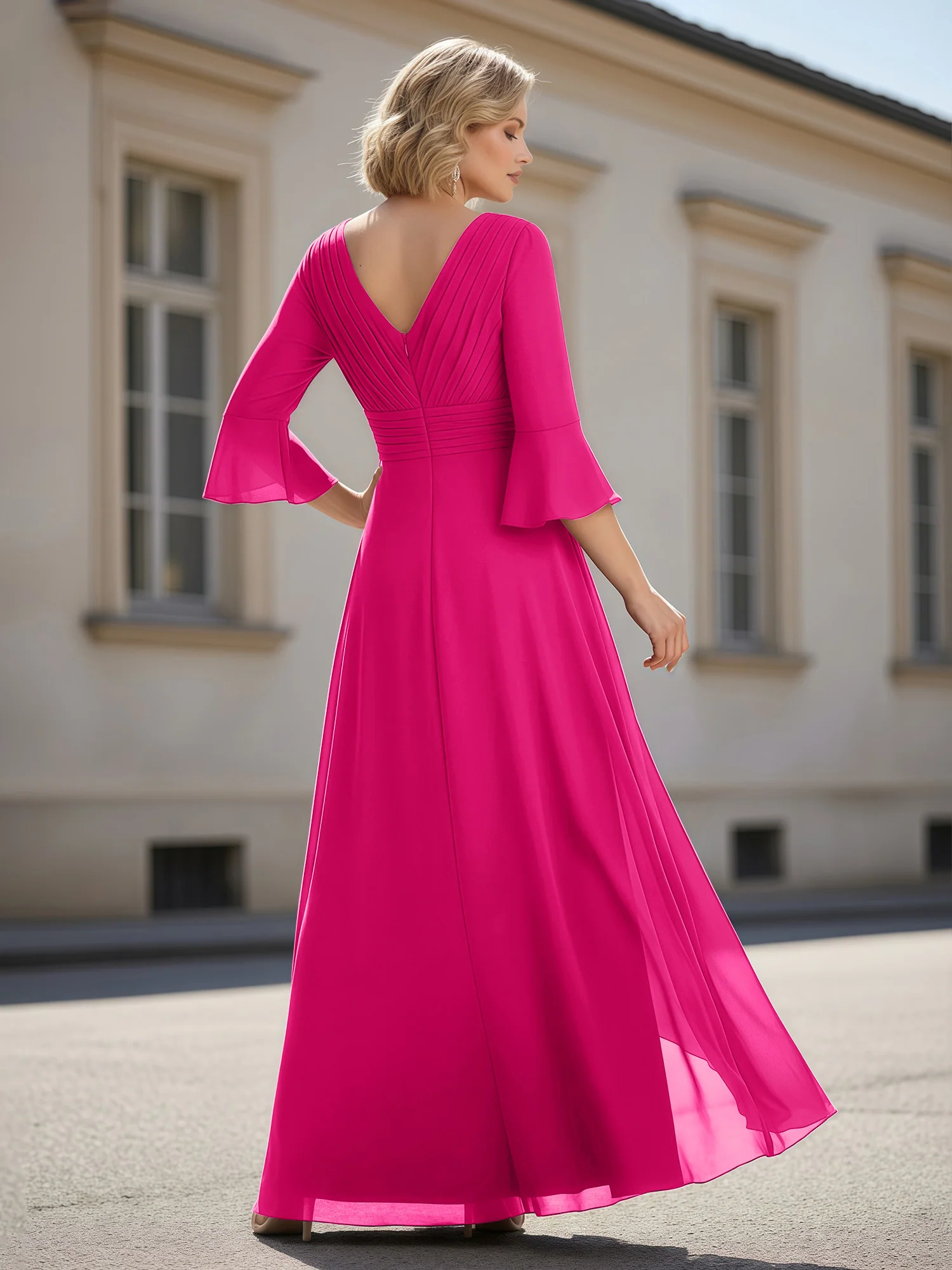 3/4 Sleeves Pleated V-neck Ruffles A-Line Dress Fuchsia - Image 2
