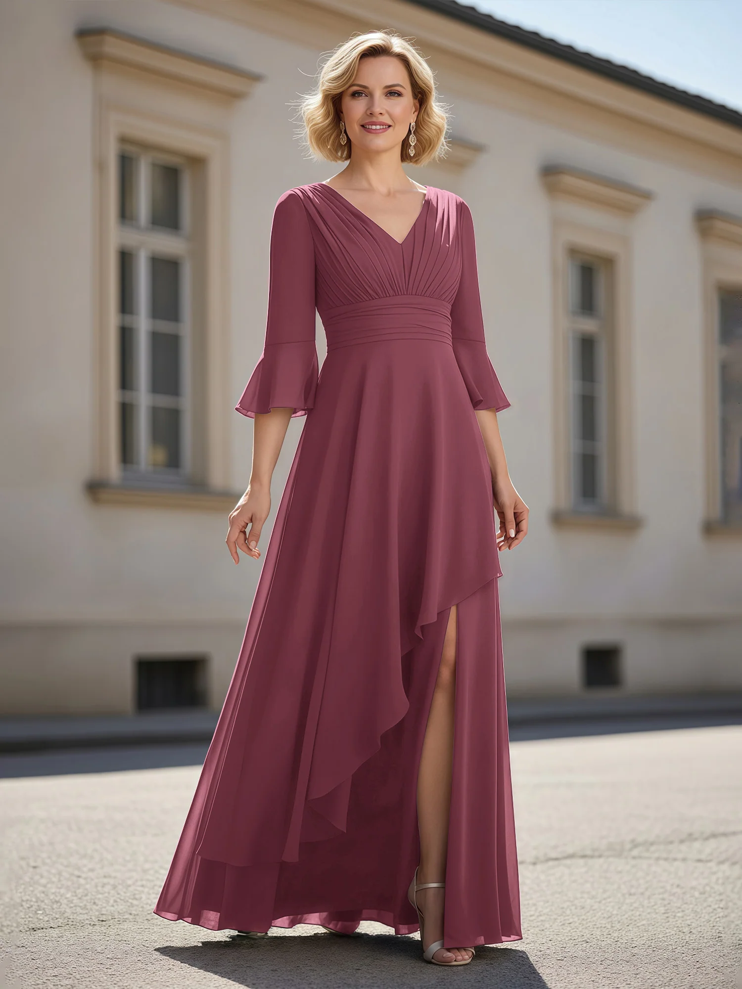 3/4 Sleeves Pleated V-neck Ruffles A-Line Dress Mulberry