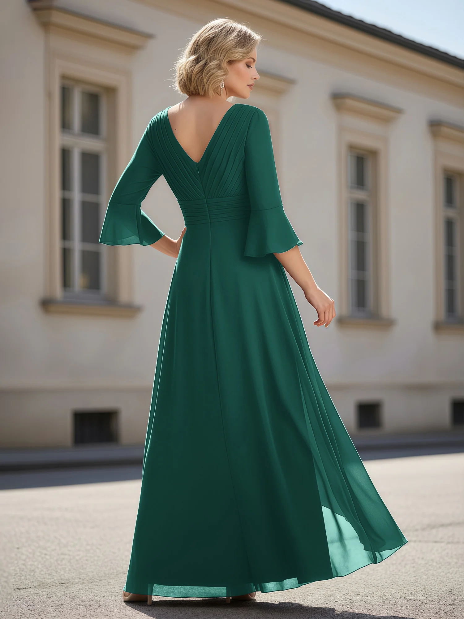 3/4 Sleeves Pleated V-neck Ruffles A-Line Dress Peacock - Image 2
