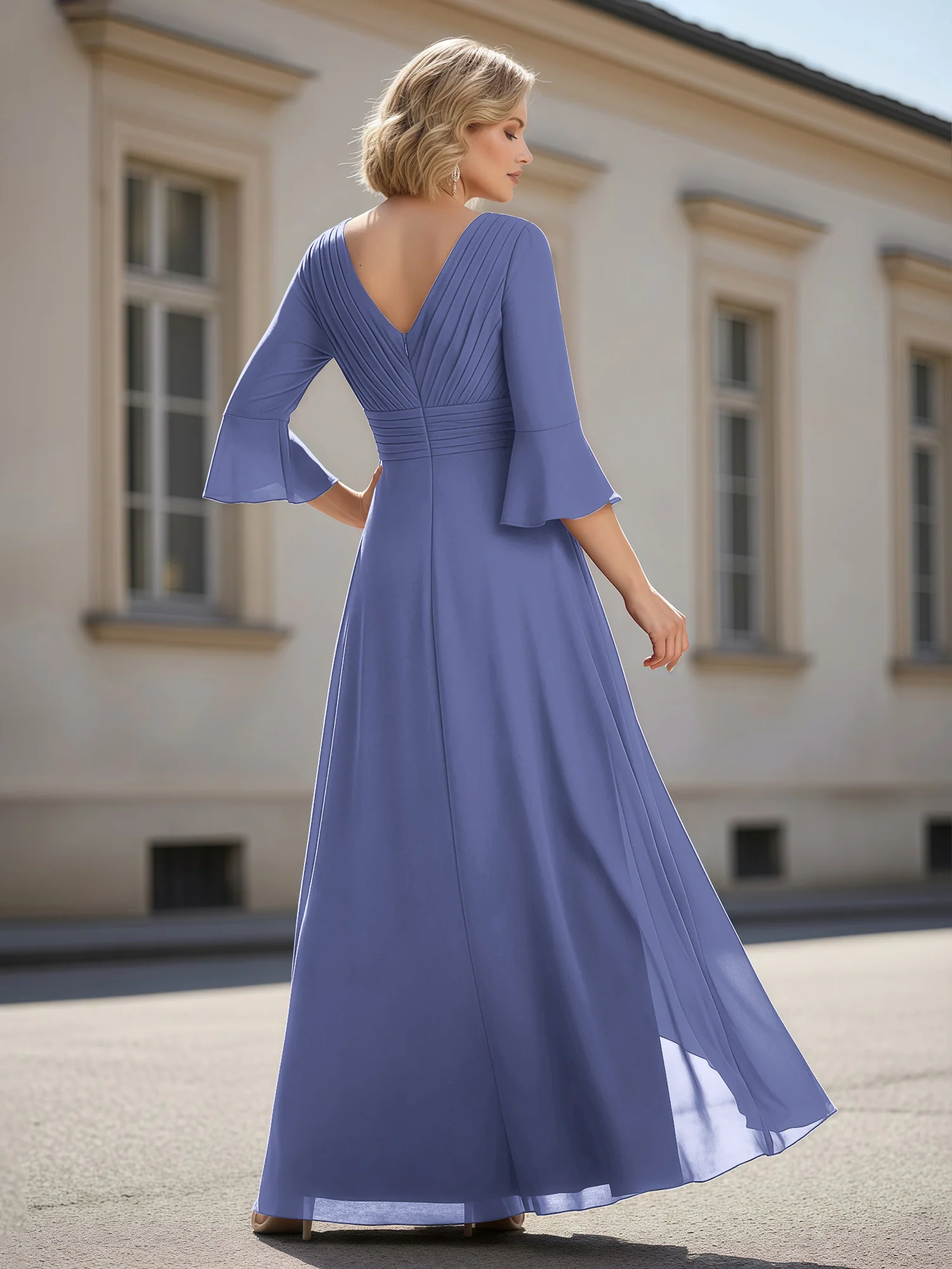 3/4 Sleeves Pleated V-neck Ruffles A-Line Dress Periwinkle - Image 2