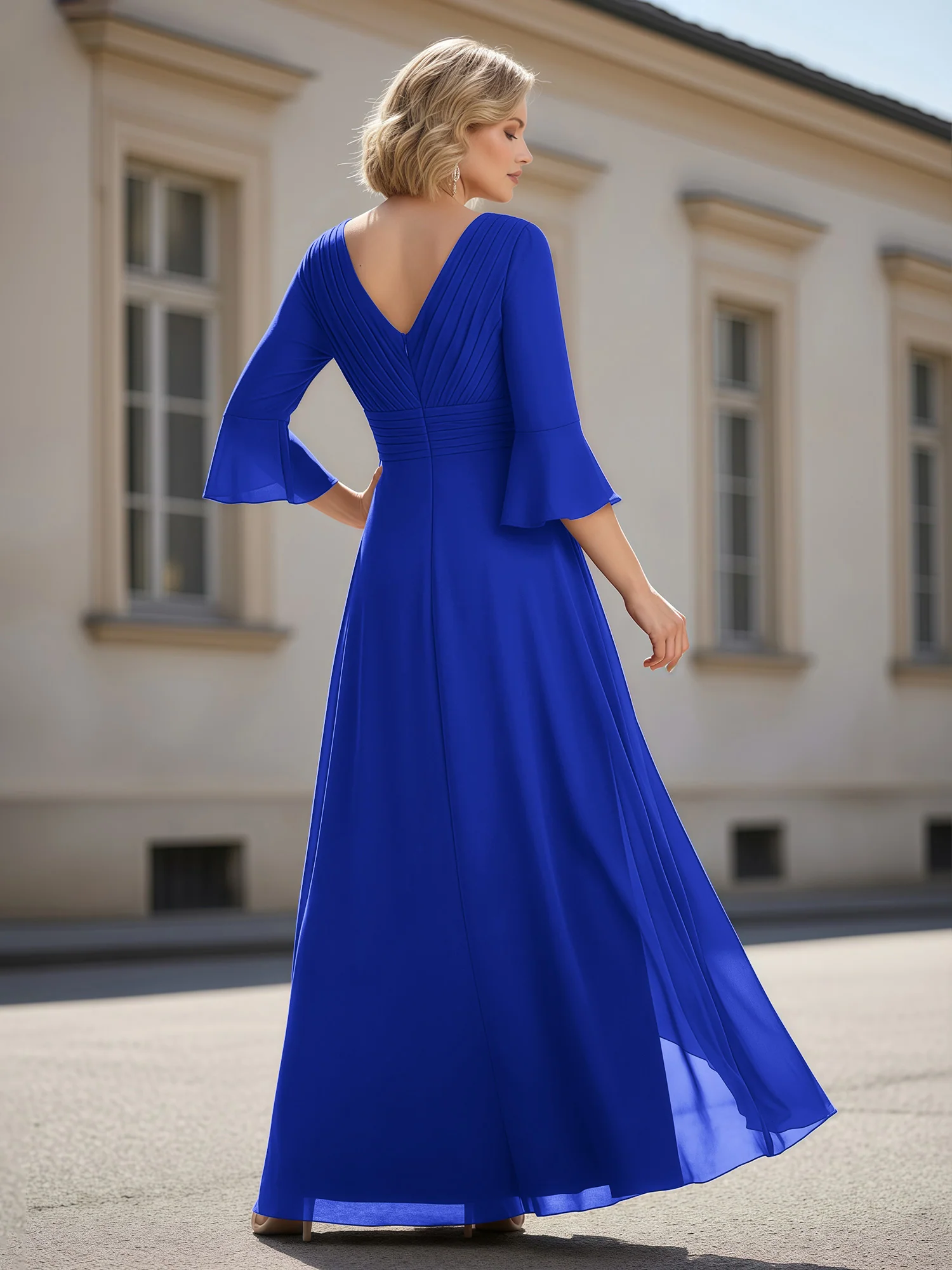 3/4 Sleeves Pleated V-neck Ruffles A-Line Dress Royal Blue - Image 2