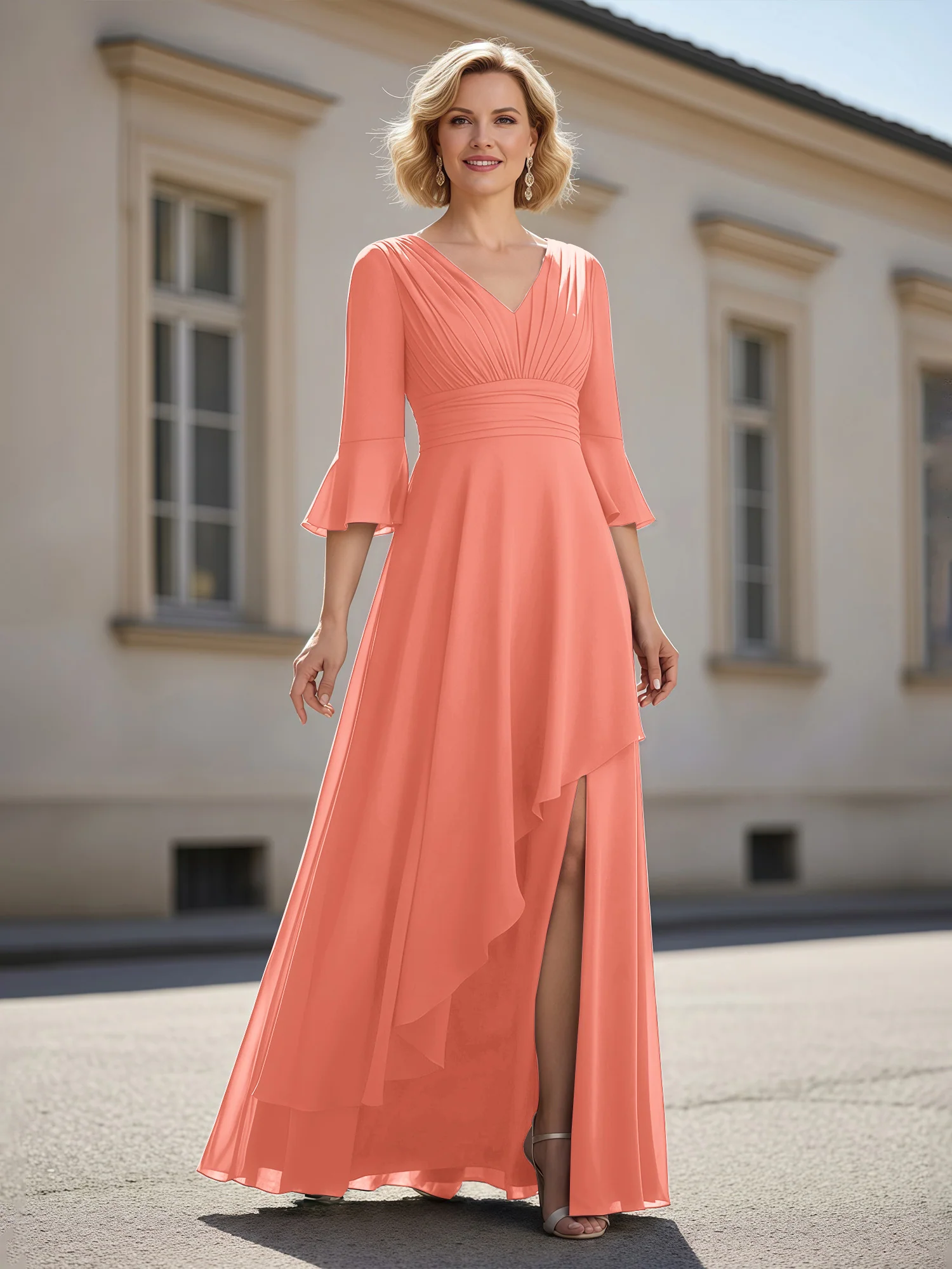 3/4 Sleeves Pleated V-neck Ruffles A-Line Dress Sunset
