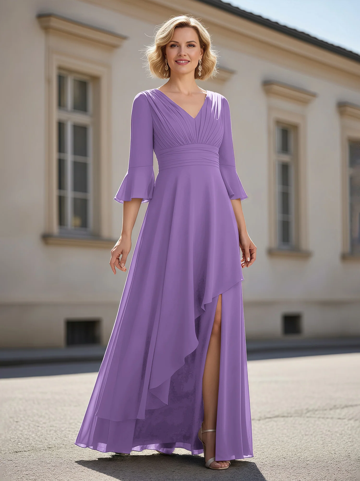 3/4 Sleeves Pleated V-neck Ruffles A-Line Dress Tahiti