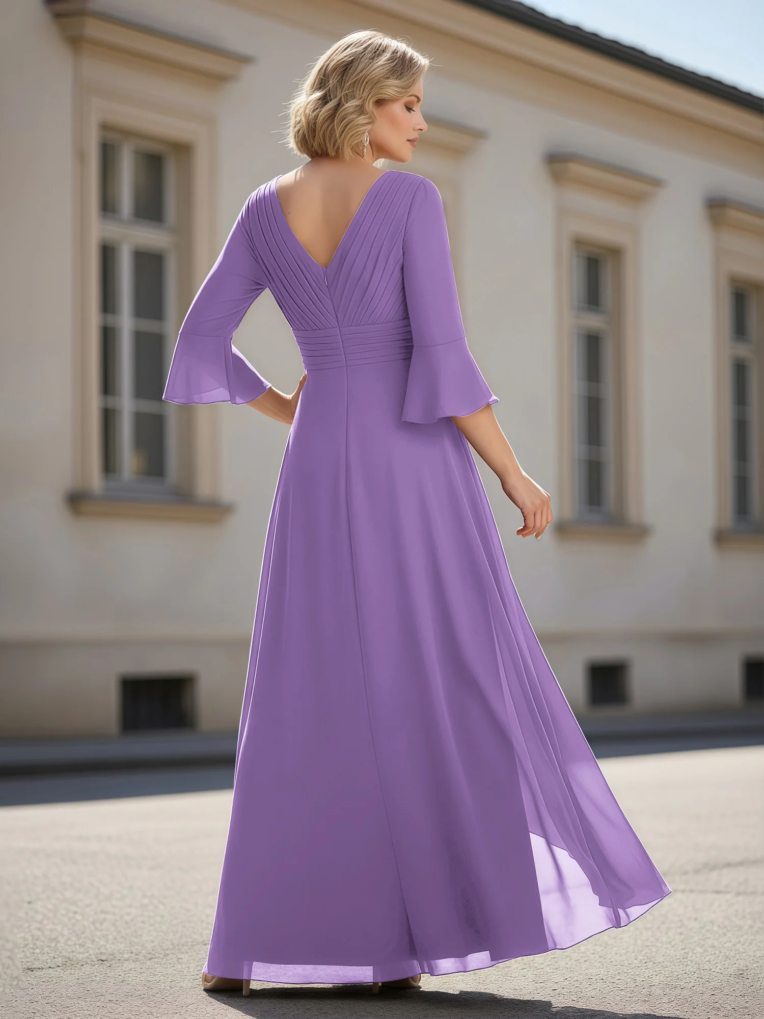 3/4 Sleeves Pleated V-neck Ruffles A-Line Dress Tahiti - Image 2