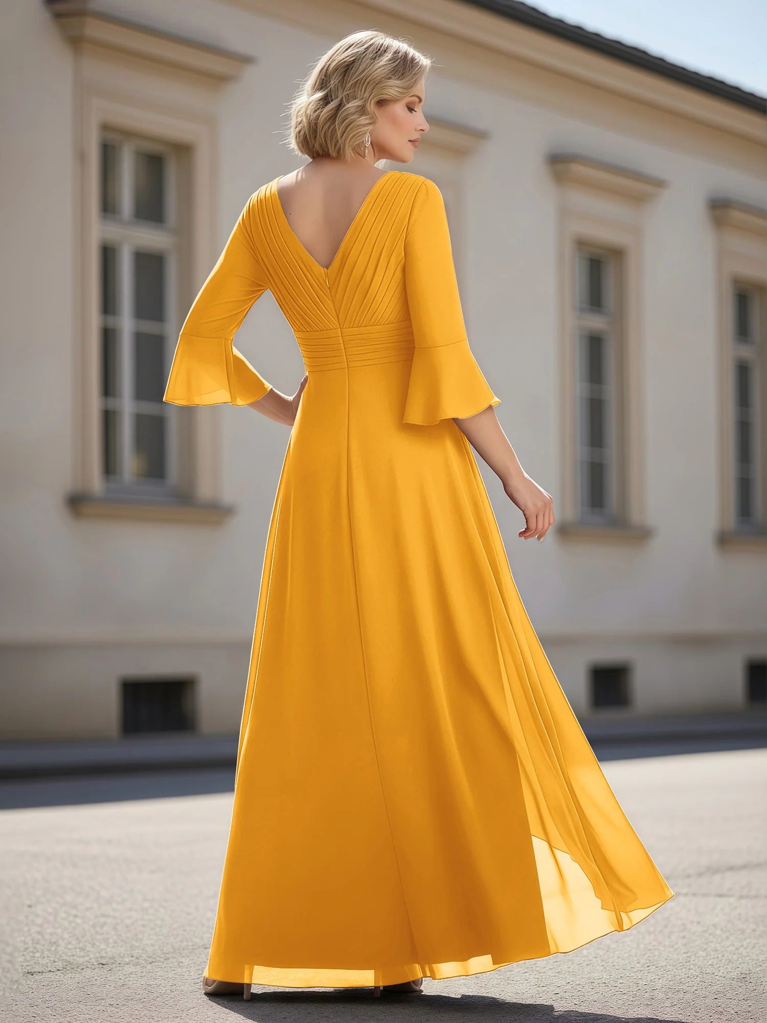 3/4 Sleeves Pleated V-neck Ruffles A-Line Dress Tangerine - Image 2