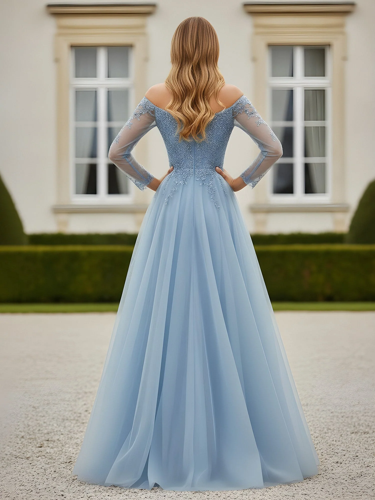 A-Line Appliqued Off-the-shoulder Tulle Dress With Slit Cinnamon Rose - Image 2