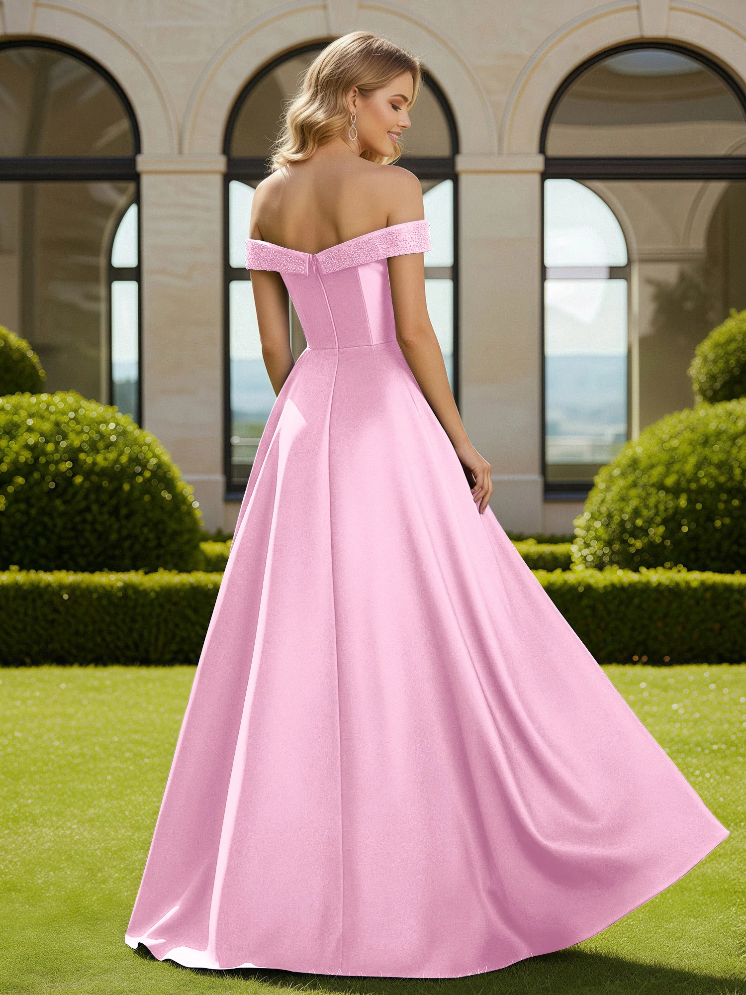 A-Line Beaded Off-the-shoulder Long Dress With Slit Candy Pink - Image 2