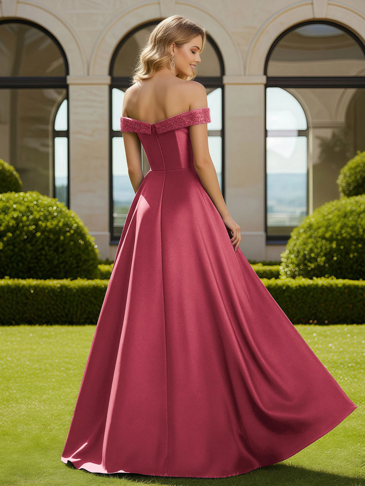 A-Line Beaded Off-the-shoulder Long Dress With Slit Cinnamon Rose - Image 2