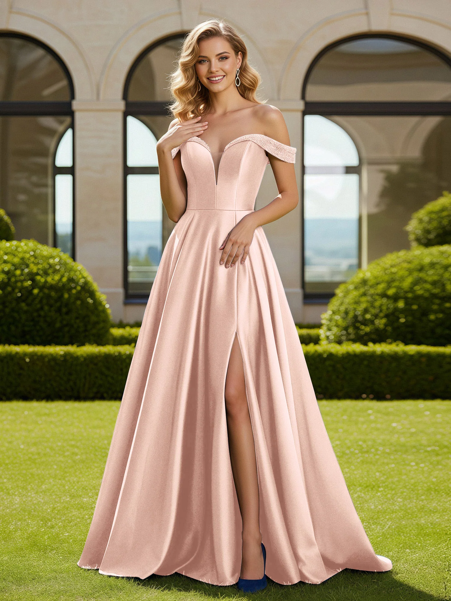 A-Line Beaded Off-the-shoulder Long Dress With Slit Pearl Pink