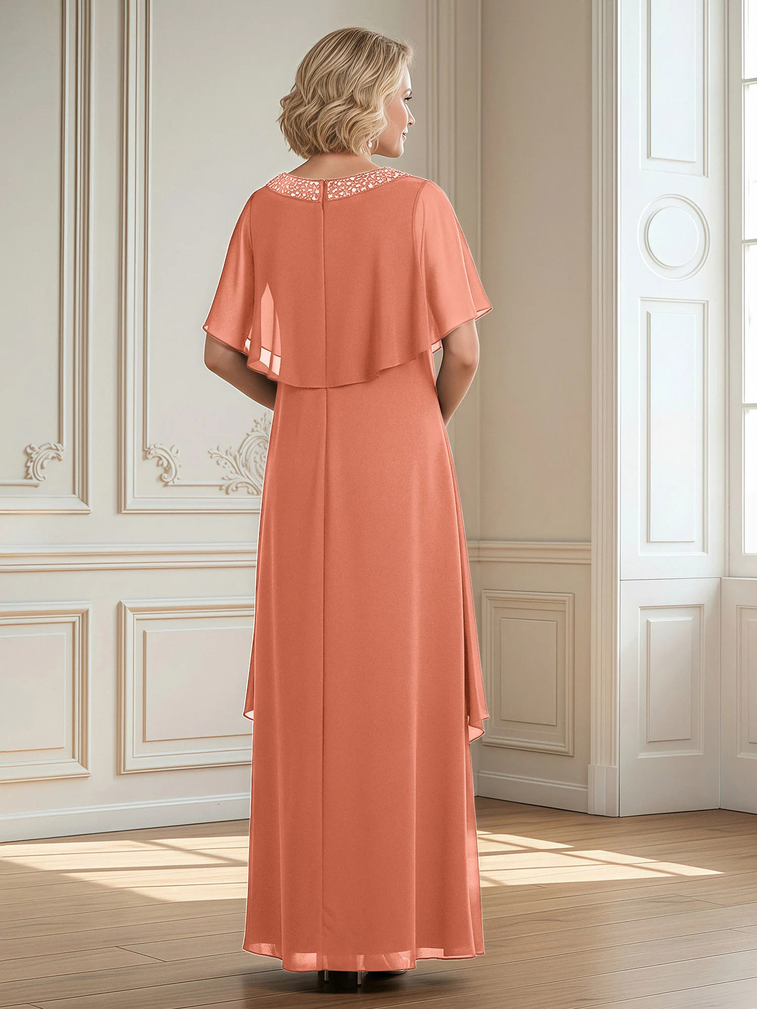A-Line Beaded Scoop Floor-length Chiffon Dress Papaya - Image 2