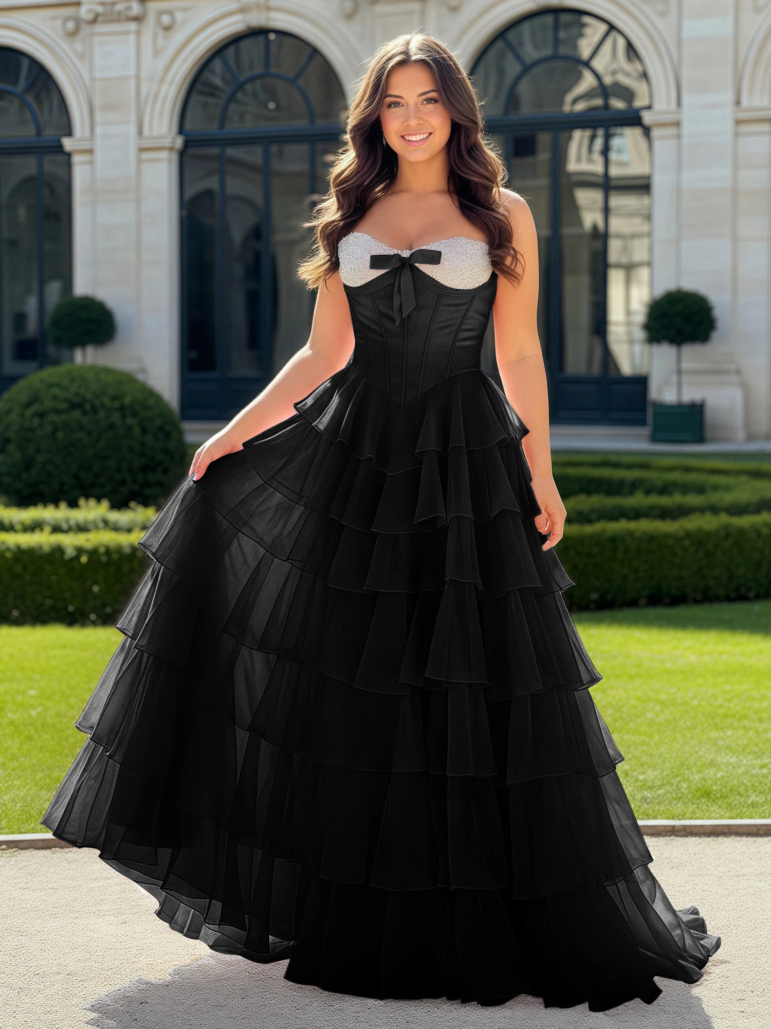 A-Line Beaded Sweetheart Neck Tiered Chiffon Dress Black