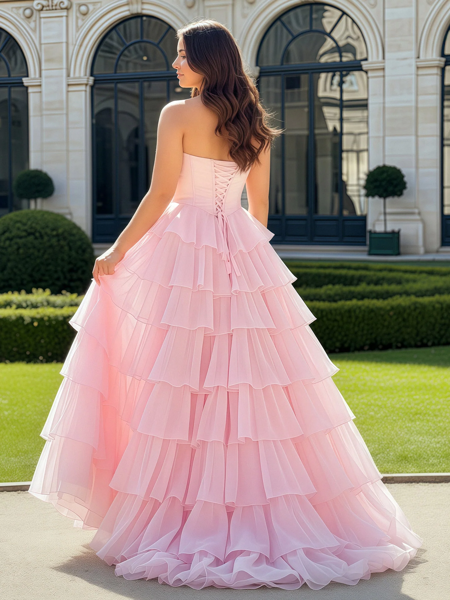 A-Line Beaded Sweetheart Neck Tiered Chiffon Dress Blushing Pink - Image 2