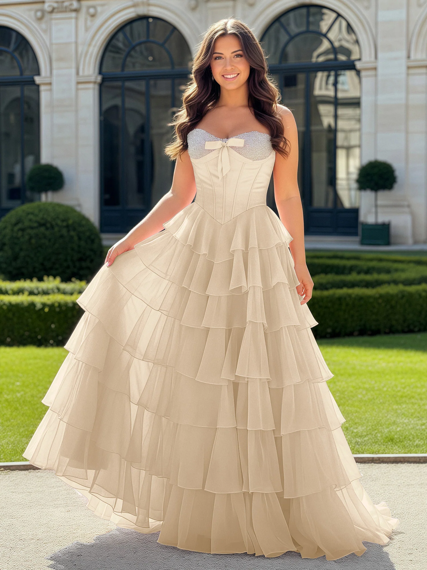 A-Line Beaded Sweetheart Neck Tiered Chiffon Dress Champagne