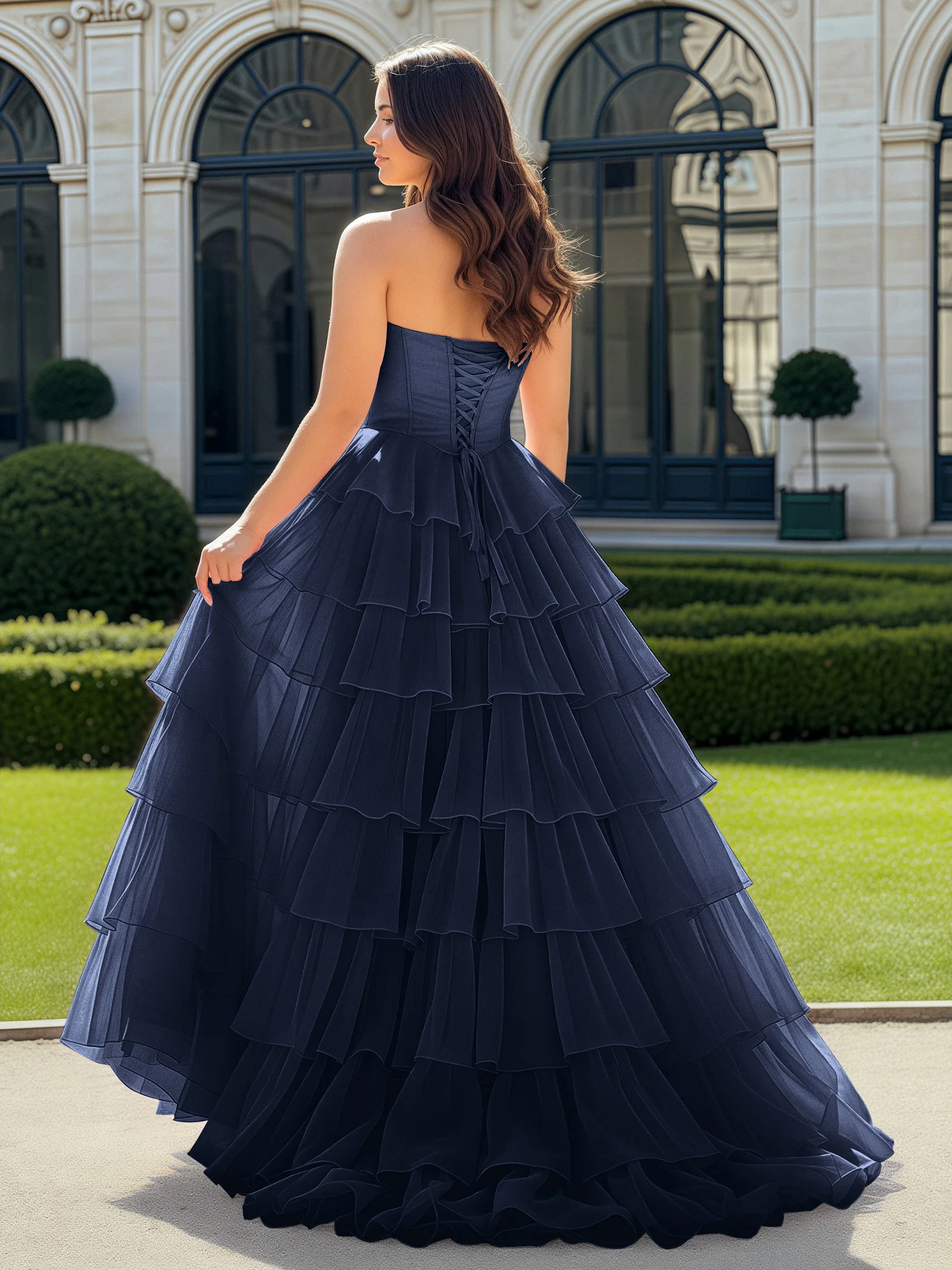 A-Line Beaded Sweetheart Neck Tiered Chiffon Dress Dark Navy - Image 2