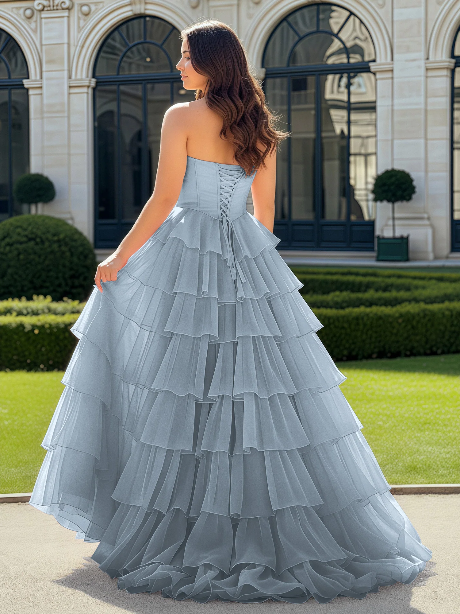 A-Line Beaded Sweetheart Neck Tiered Chiffon Dress Dusty Blue - Image 2