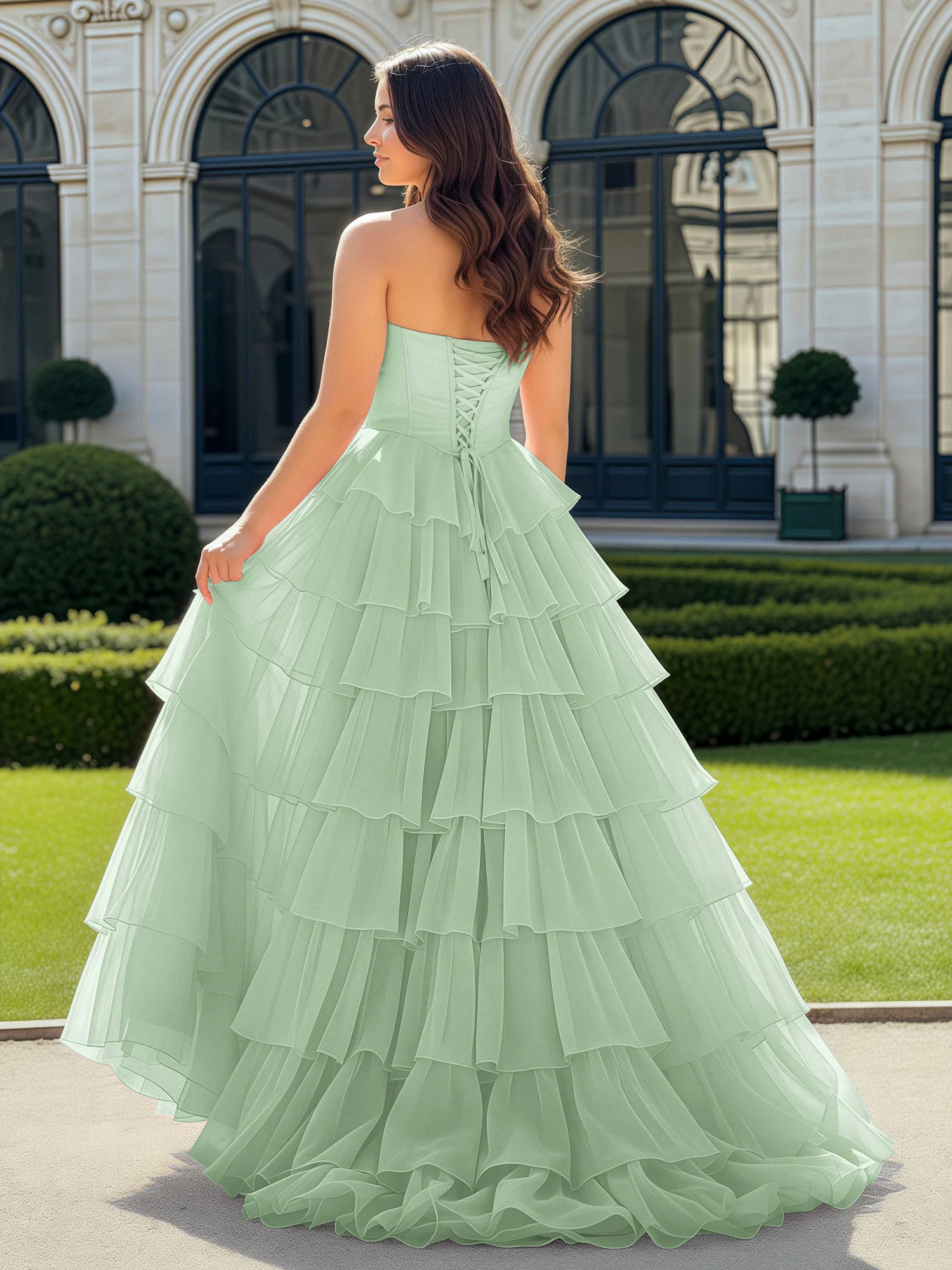 A-Line Beaded Sweetheart Neck Tiered Chiffon Dress Dusty Sage - Image 2