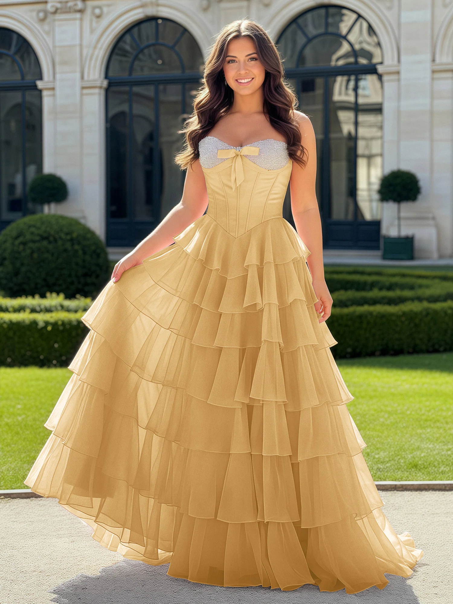 A-Line Beaded Sweetheart Neck Tiered Chiffon Dress Gold