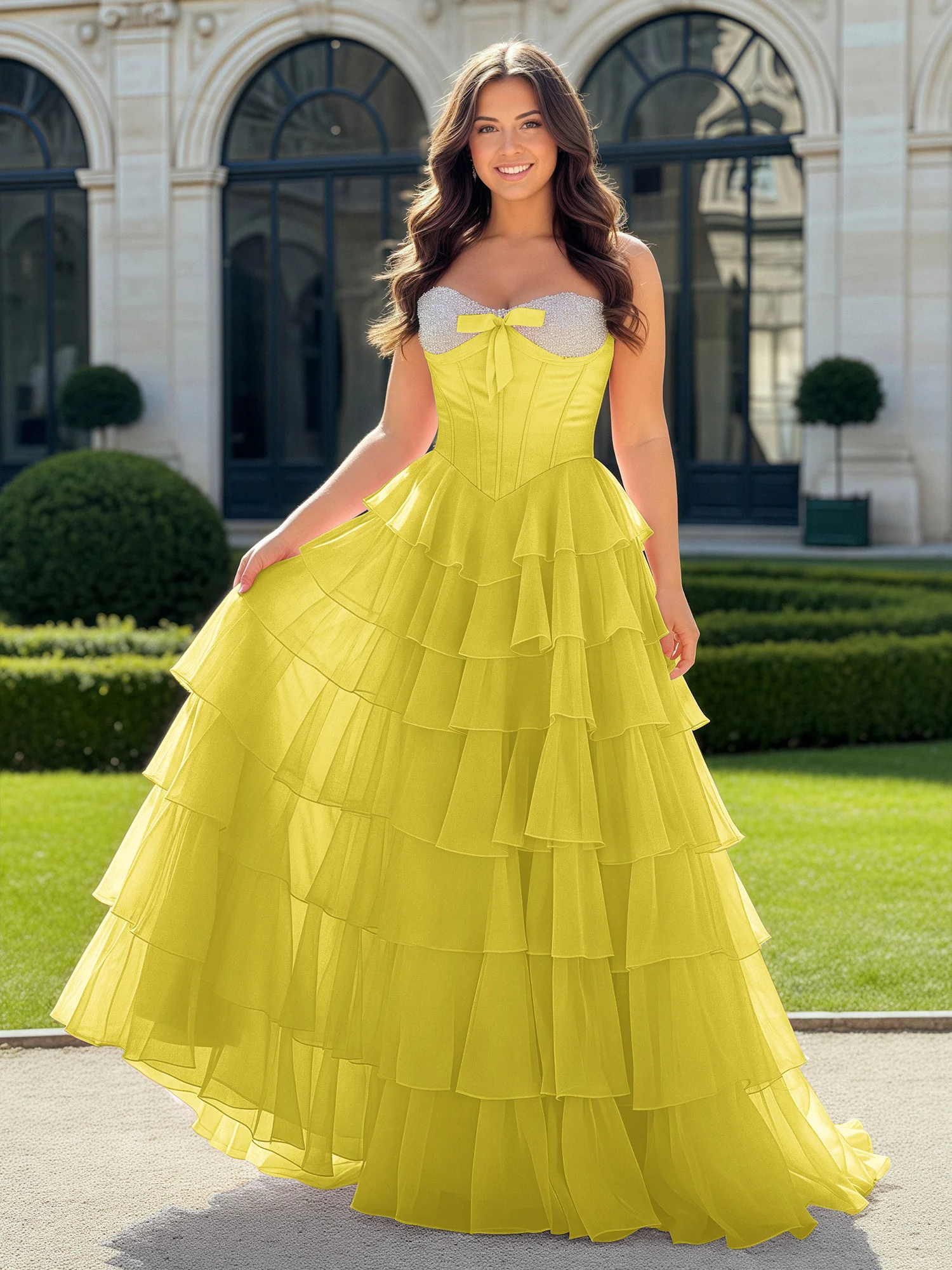 A-Line Beaded Sweetheart Neck Tiered Chiffon Dress Lemon