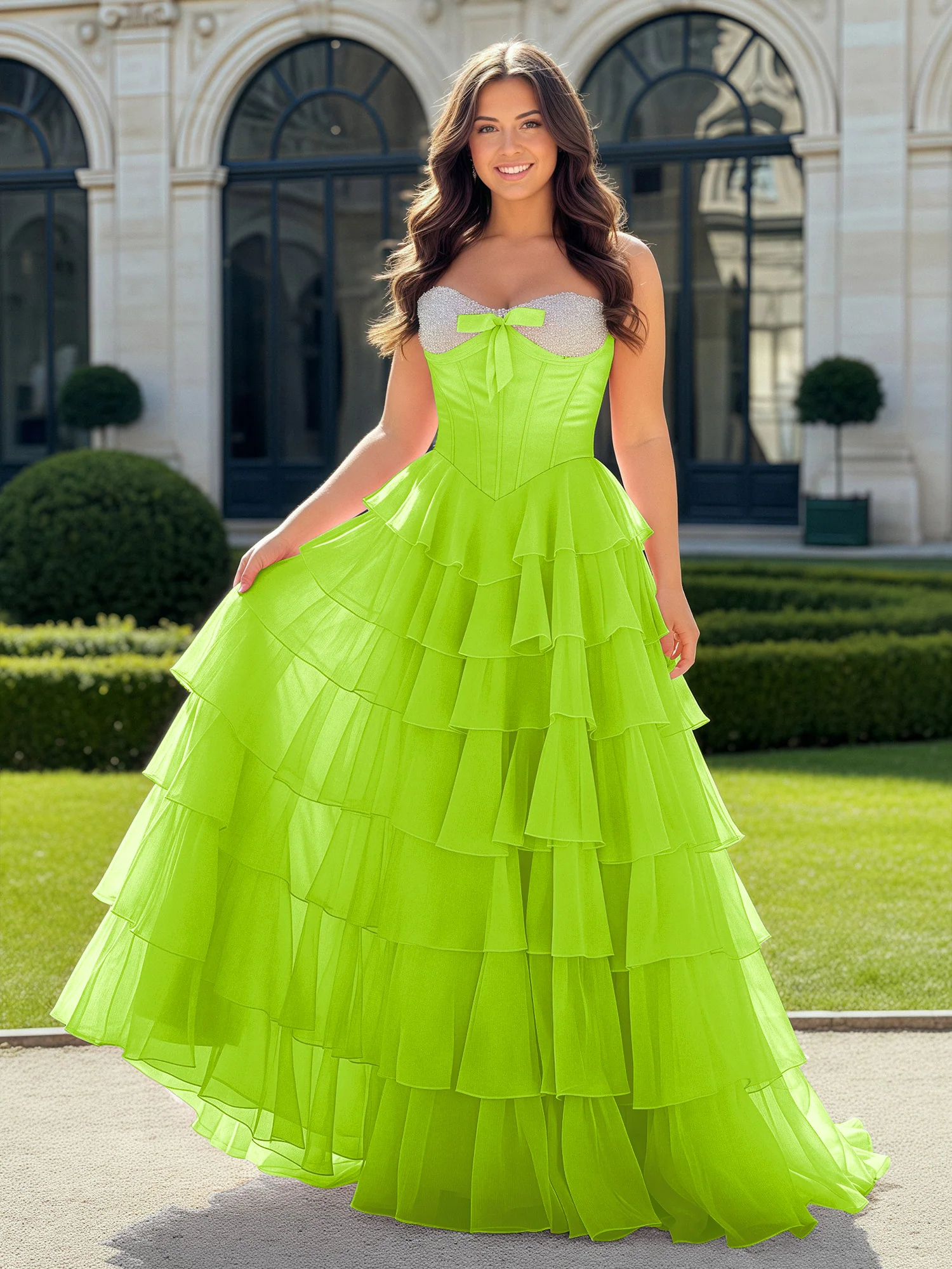 A-Line Beaded Sweetheart Neck Tiered Chiffon Dress Lime Green