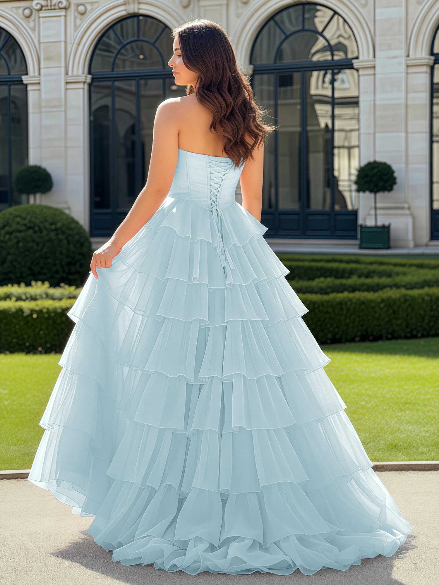 A-Line Beaded Sweetheart Neck Tiered Chiffon Dress Mist - Image 2