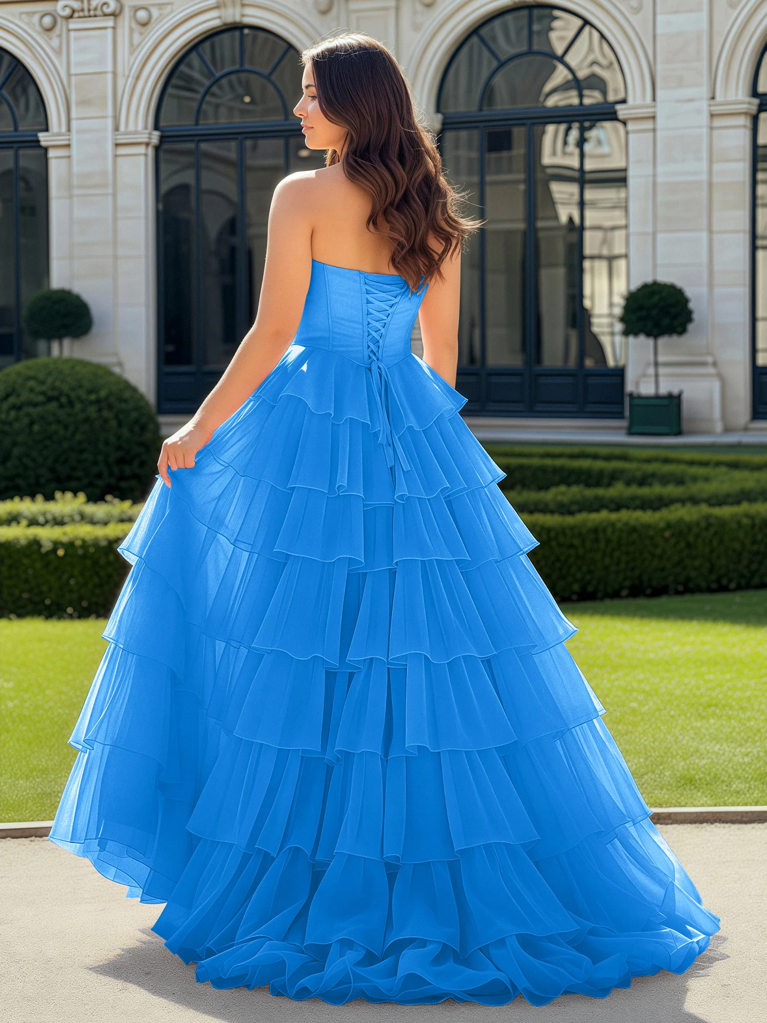 A-Line Beaded Sweetheart Neck Tiered Chiffon Dress Ocean Blue - Image 2