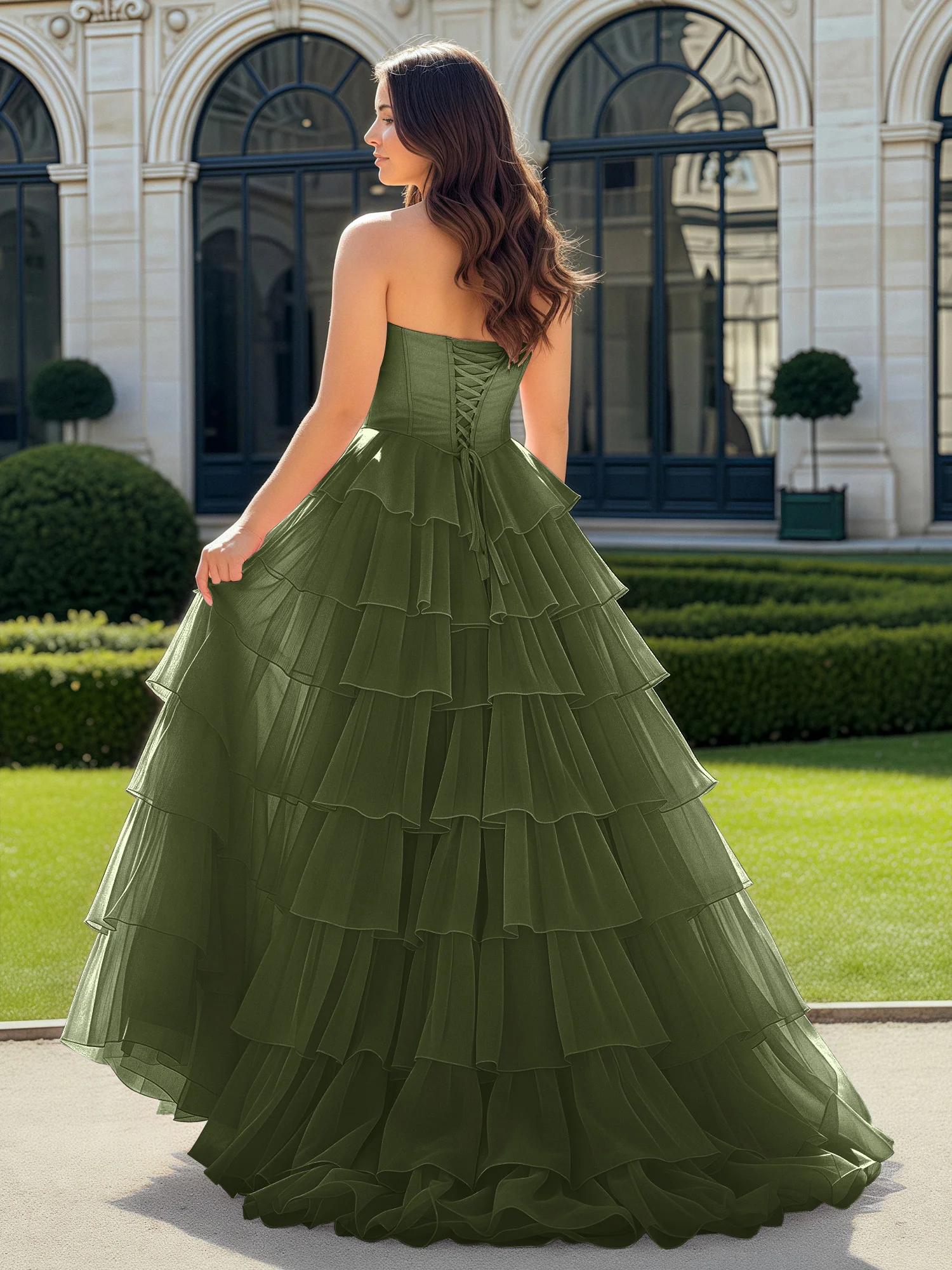 A-Line Beaded Sweetheart Neck Tiered Chiffon Dress Olive Green - Image 2