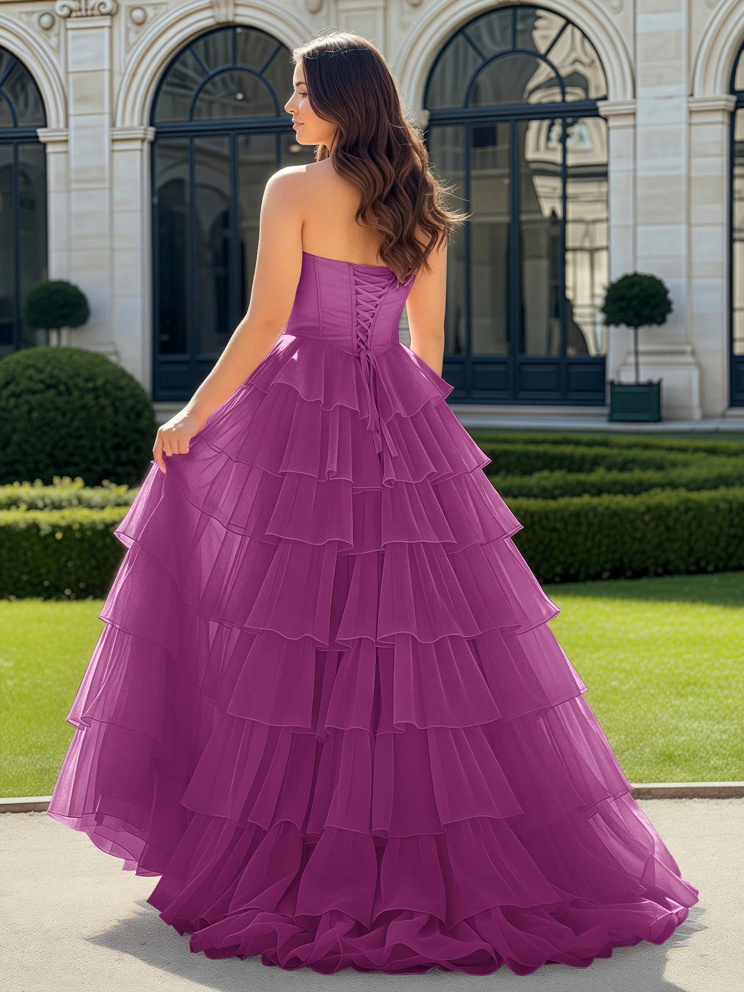 A-Line Beaded Sweetheart Neck Tiered Chiffon Dress Orchid - Image 2