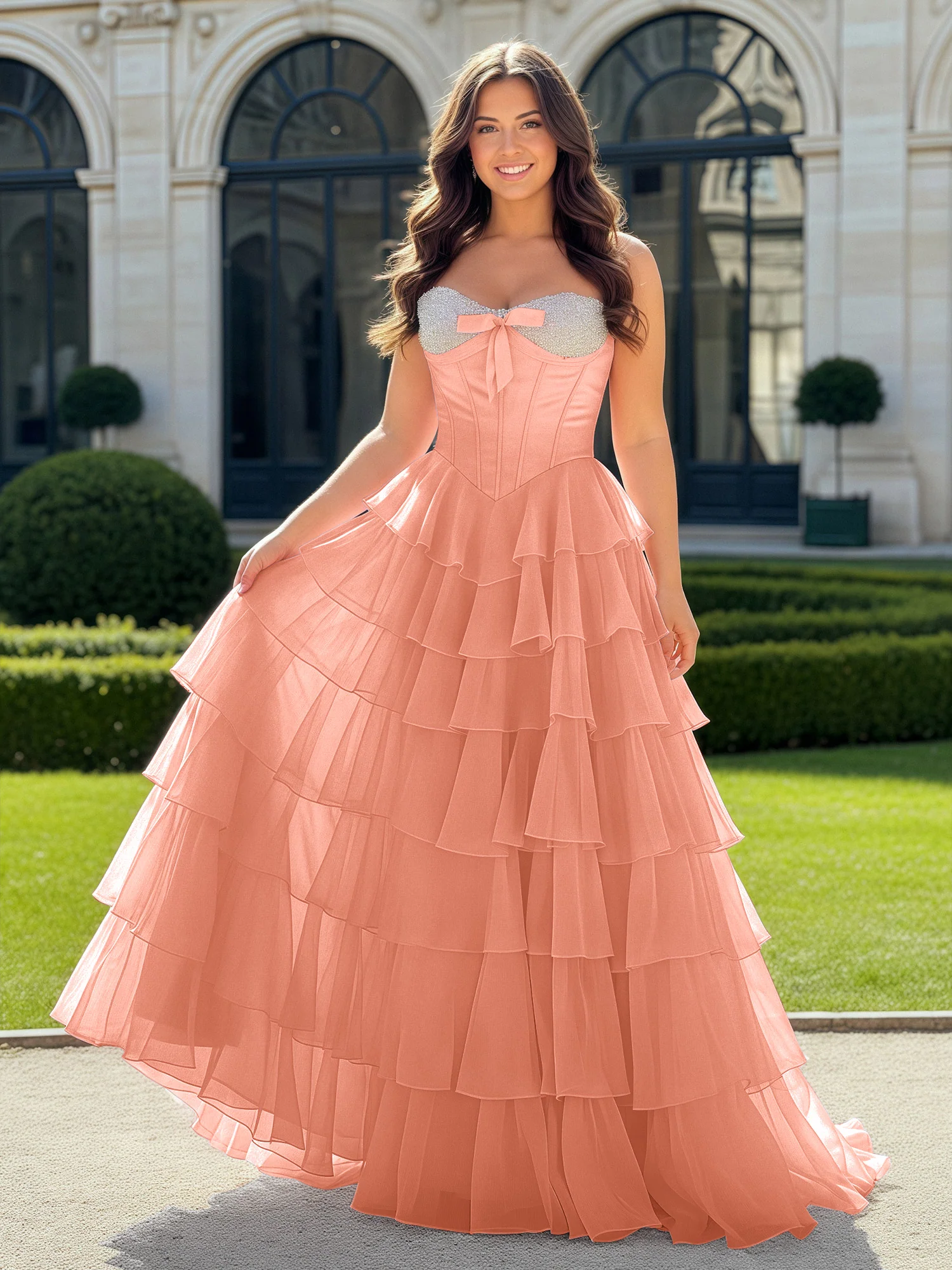 A-Line Beaded Sweetheart Neck Tiered Chiffon Dress Papaya