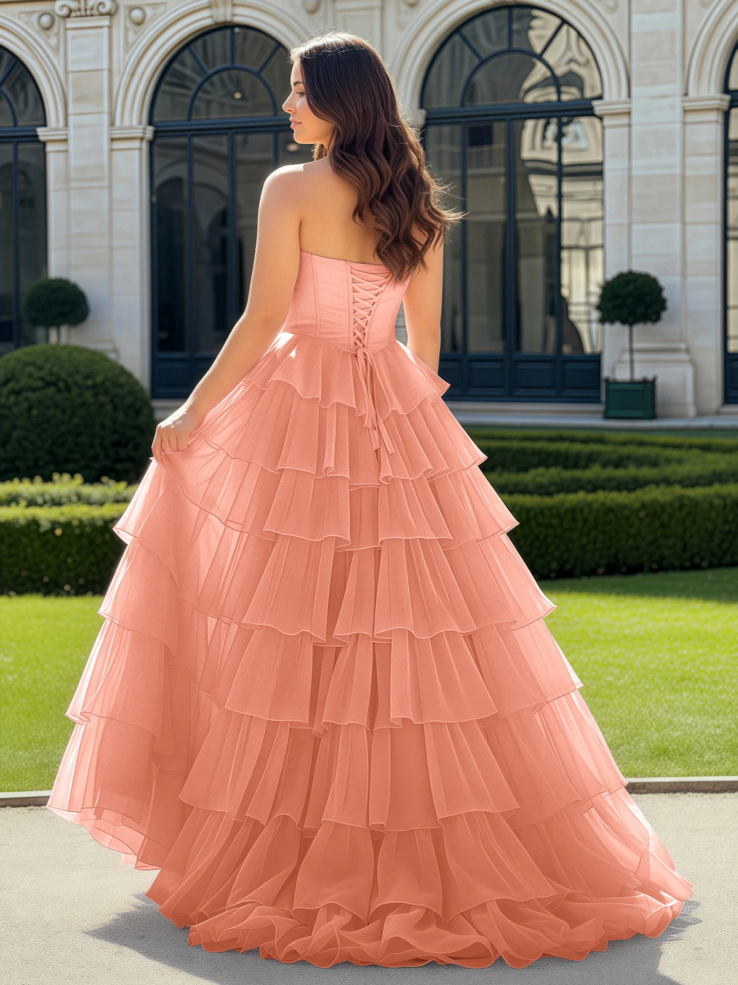 A-Line Beaded Sweetheart Neck Tiered Chiffon Dress Papaya - Image 2