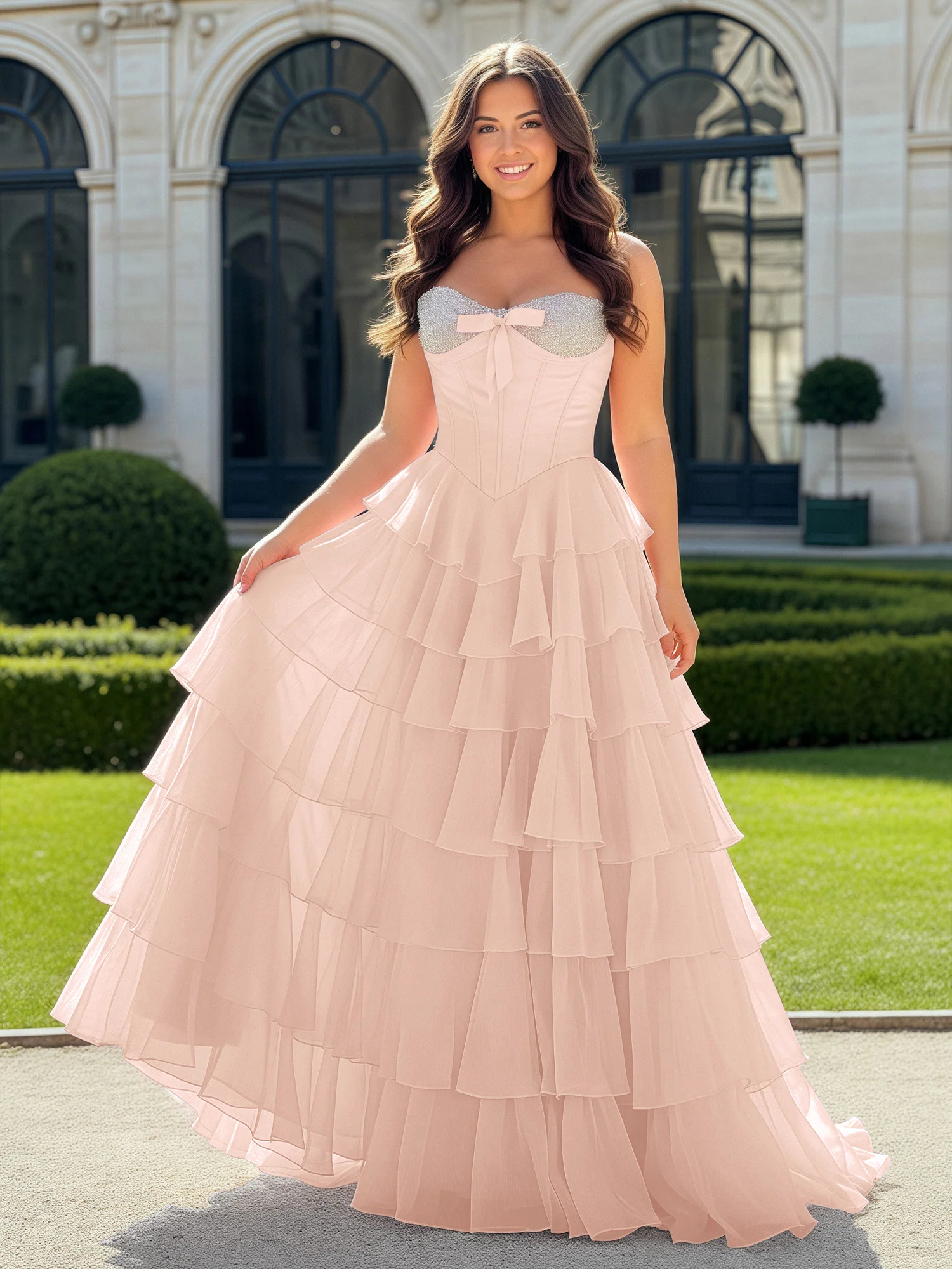 A-Line Beaded Sweetheart Neck Tiered Chiffon Dress Pearl Pink