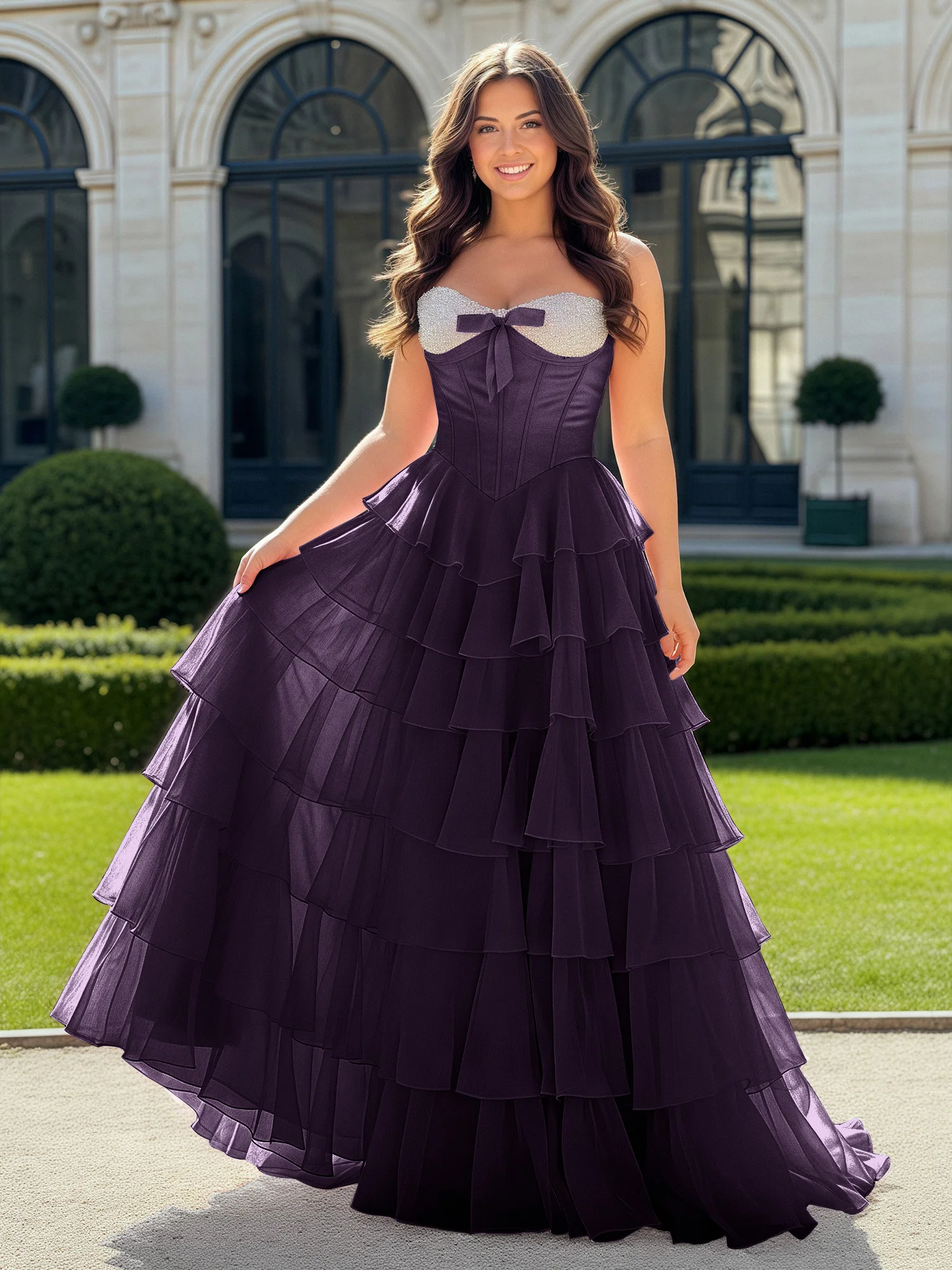 A-Line Beaded Sweetheart Neck Tiered Chiffon Dress Plum