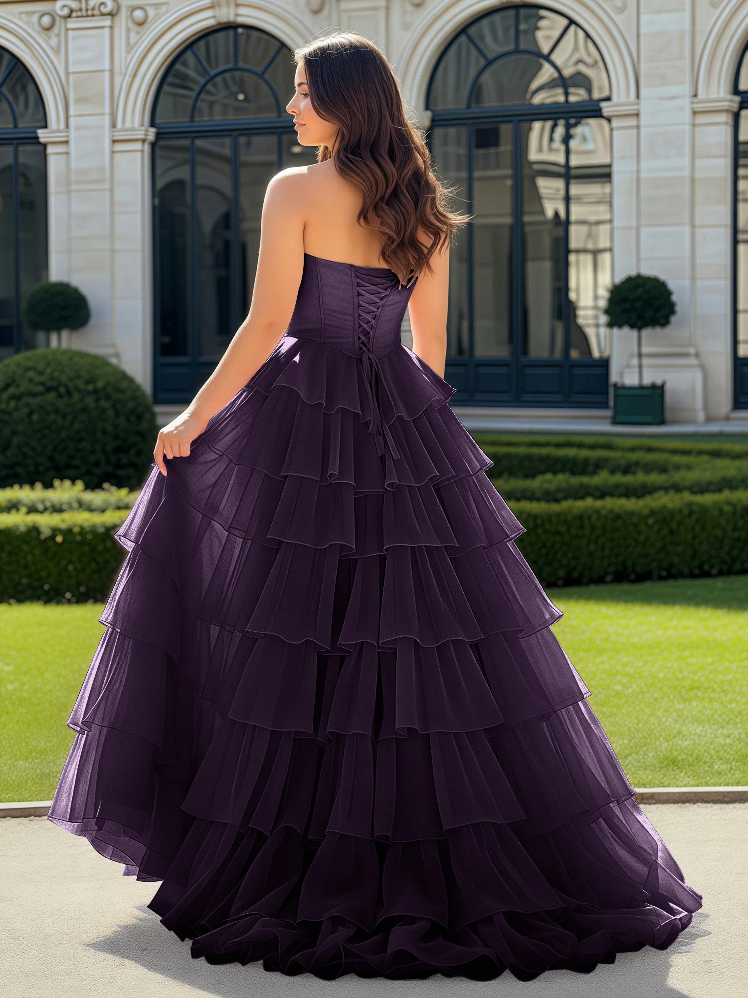 A-Line Beaded Sweetheart Neck Tiered Chiffon Dress Plum - Image 2