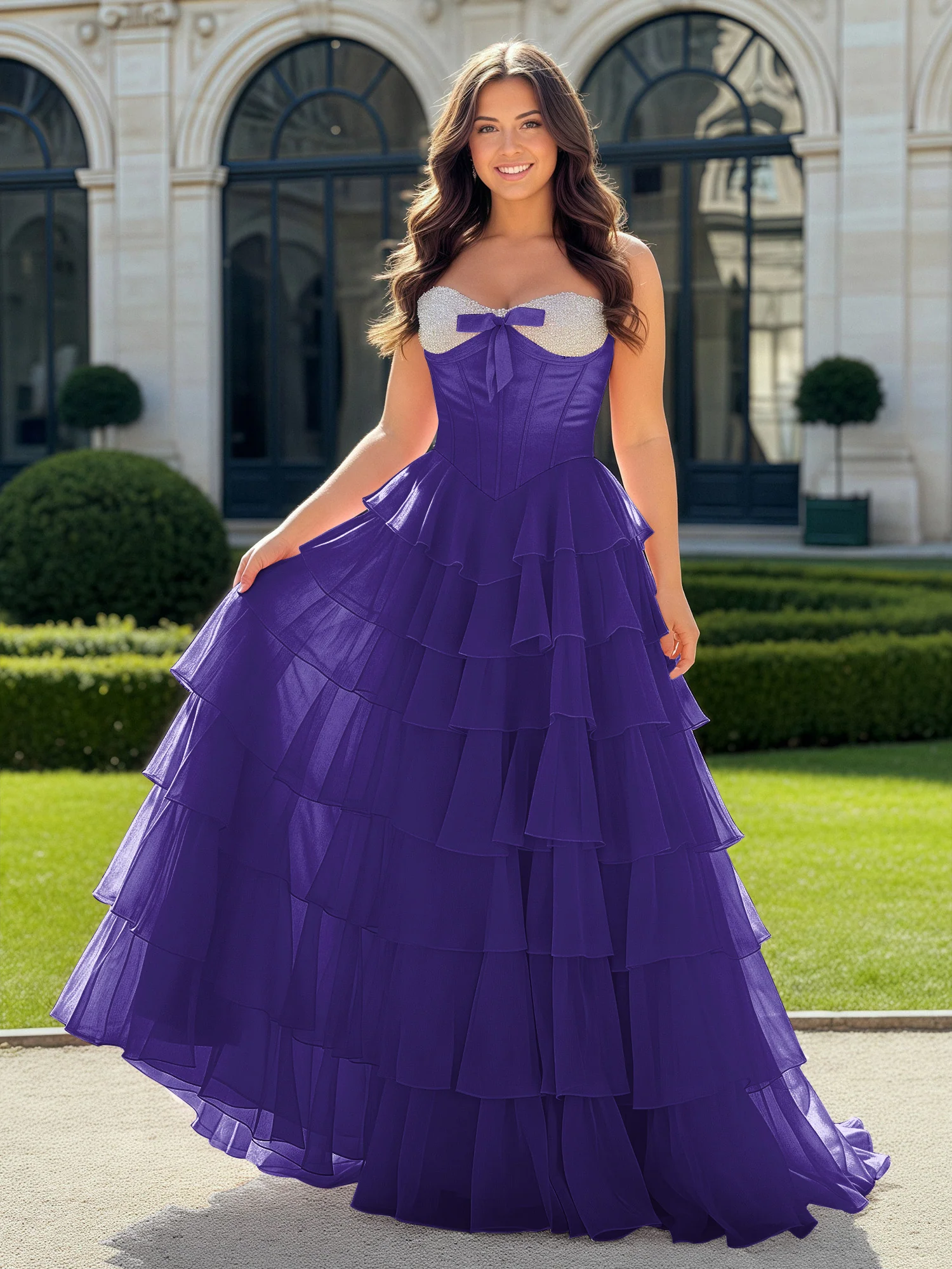 A-Line Beaded Sweetheart Neck Tiered Chiffon Dress Regency